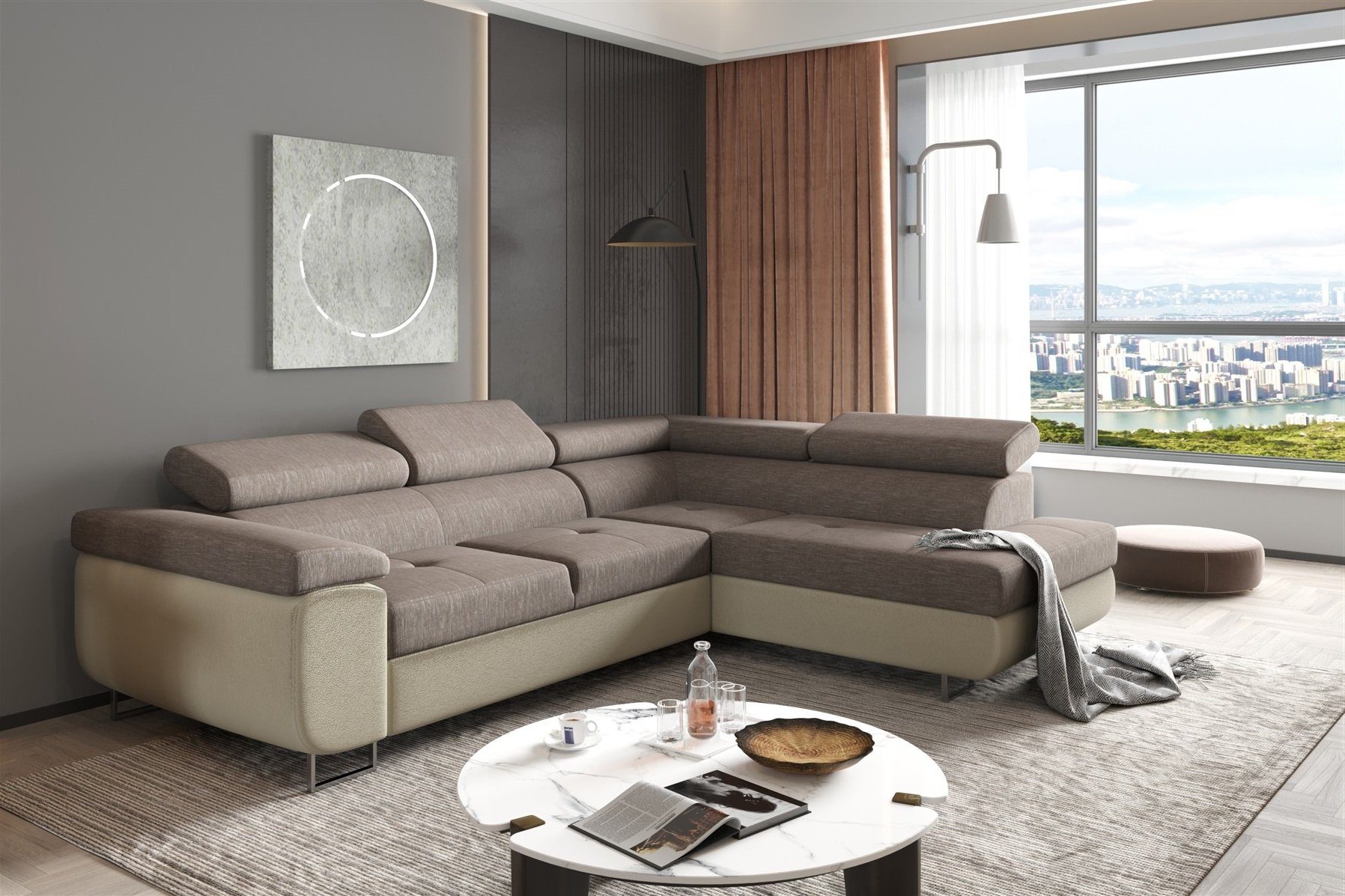 Fun Möbel Ecksofa Couchgarnitur JADE Stoff Creme-Grau mit Schlaffunktion Ottomane Rechts oder Links, 1 Teile, mit Schlaffunktion, mit Bettkasten, echt bezogener Rücken, 2 x Kopfteil abklappbar