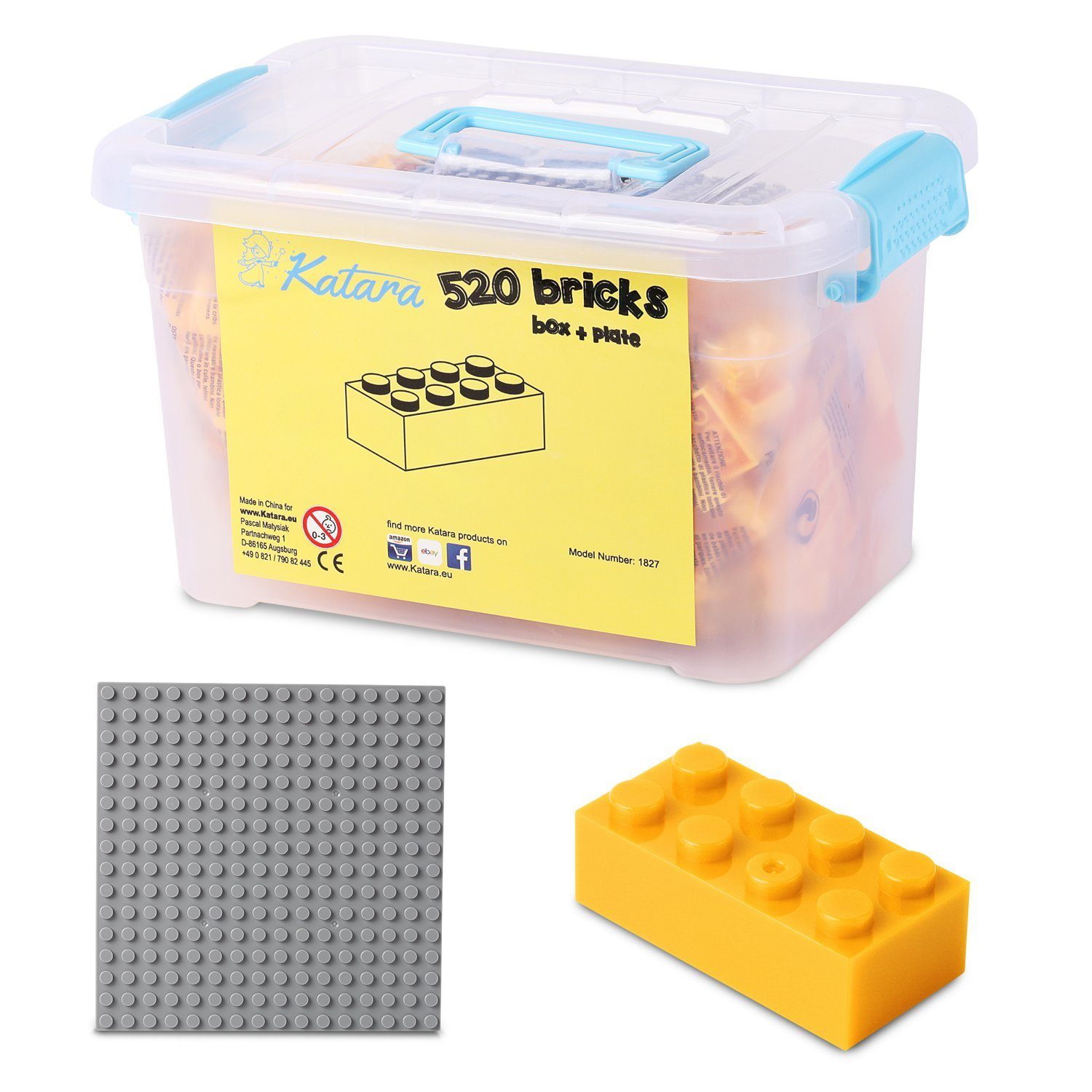 Katara Konstruktionsspielsteine Bausteine Box-Set mit 520 Steinen + Platte + Box, (3er Set), Gelb, 100% Kompatibel Sluban, Papimax, Q-Bricks, LEGO®