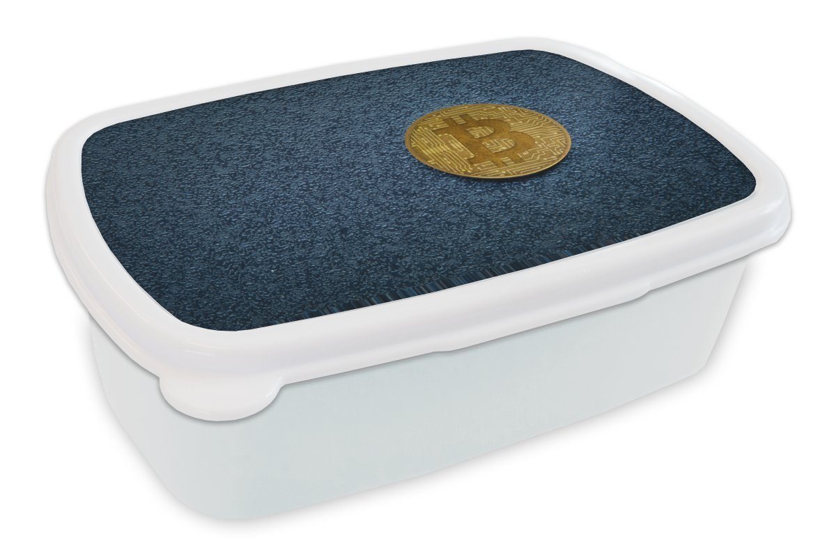 MuchoWow Lunchbox Gold Bitcoin auf dunklem Hintergrund, Kunststoff, (2-tlg), Brotbox für Kinder und Erwachsene, Brotdose, für Jungs und Mädchen weiß