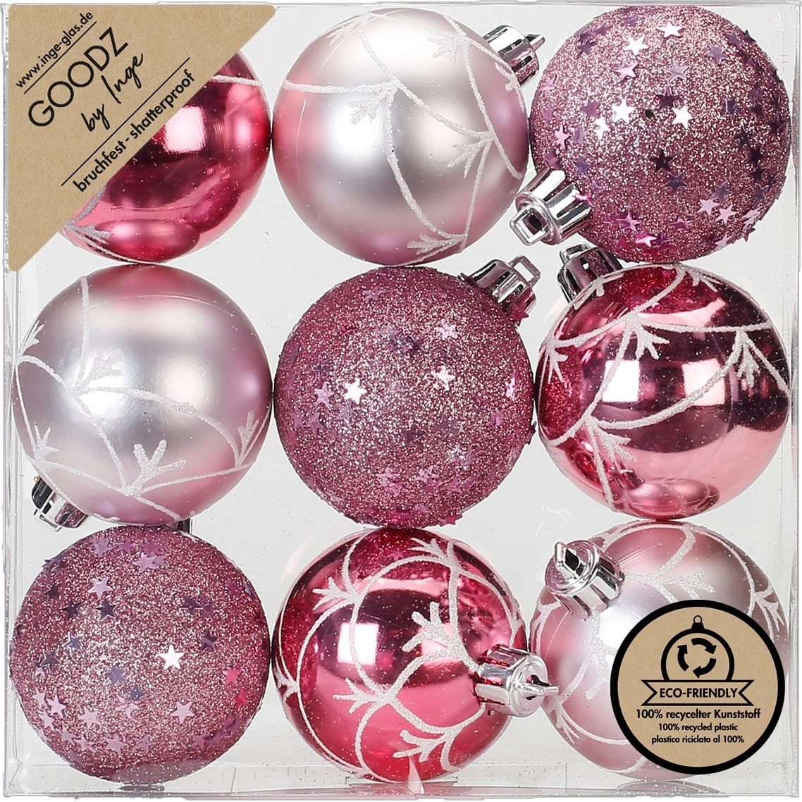 INGE-GLAS® Christbaumschmuck Inge's Weihnachtskugeln 9 Stück 6 cm Rosa, Kunststoff, bruchfest, Baumdekoration, Baumschmuck, Weihnachtsdekoration