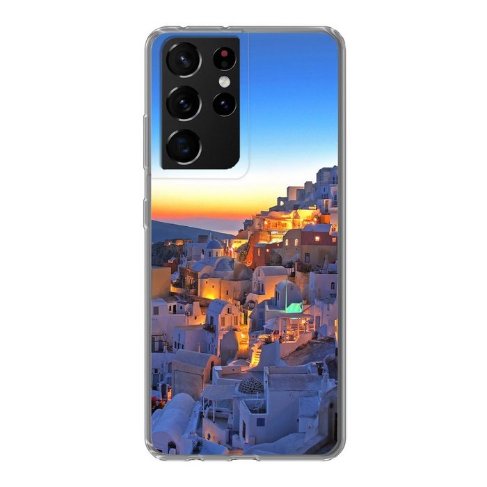 MuchoWow Handyhülle Oia Santorini mit farbenprächtigem Sonnenuntergang in Griechenland Phone Case Handyhülle Samsung Galaxy S21 Ultra Silikon Schutzhülle