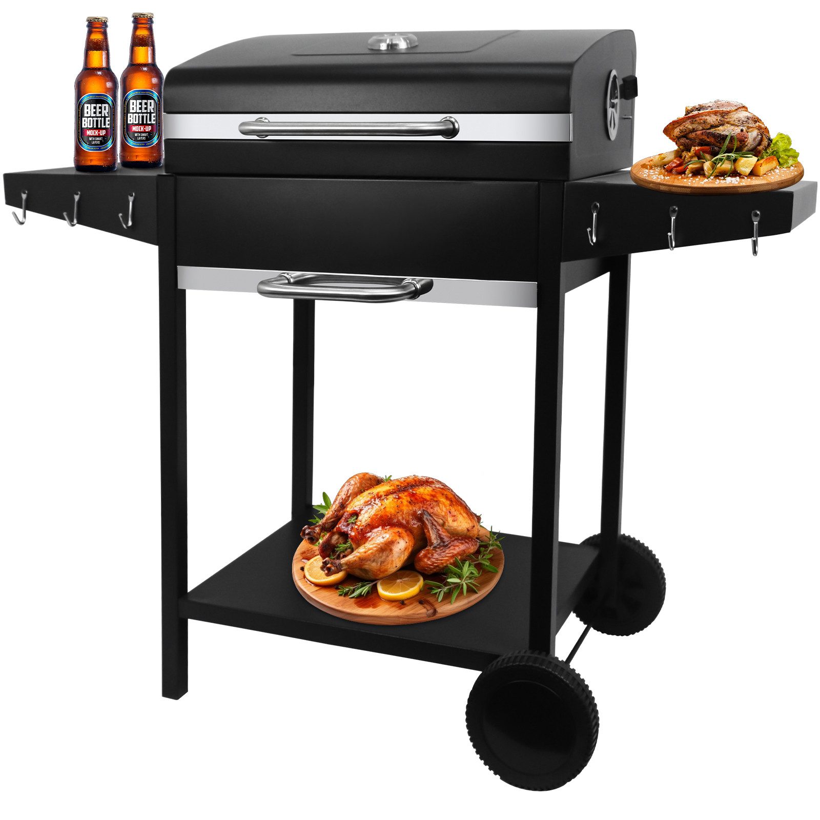 SunJas Holzkohlegrill CA-6146 mit Deckel,Thermometer und Doppel-Seitenablagen, Grillfläche:50 x 42 cm, Gartengrill BBQ Grillwagen XXL Holzkohlegrill