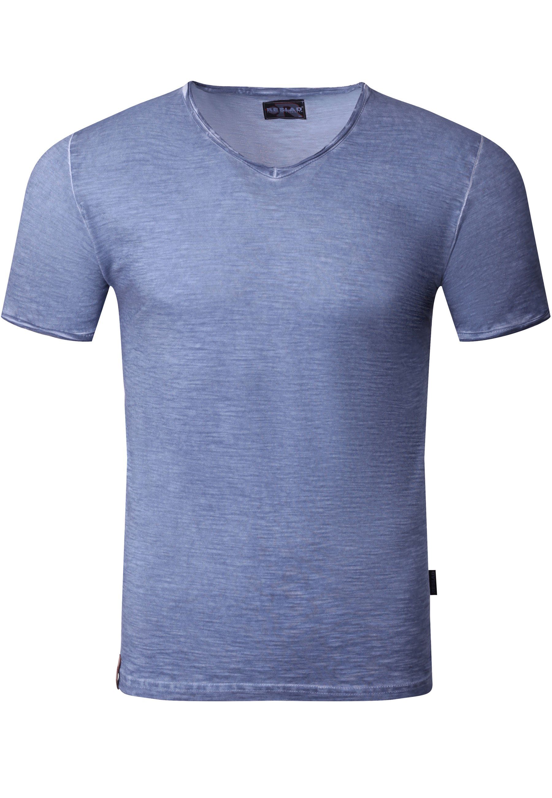 Reslad T-Shirt Reslad T-Shirt Herren V-Ausschnitt verwaschen Vintage Optik Shirt (1-tlg) V-Neck Vintage Style Männer Shirt indigo-blau