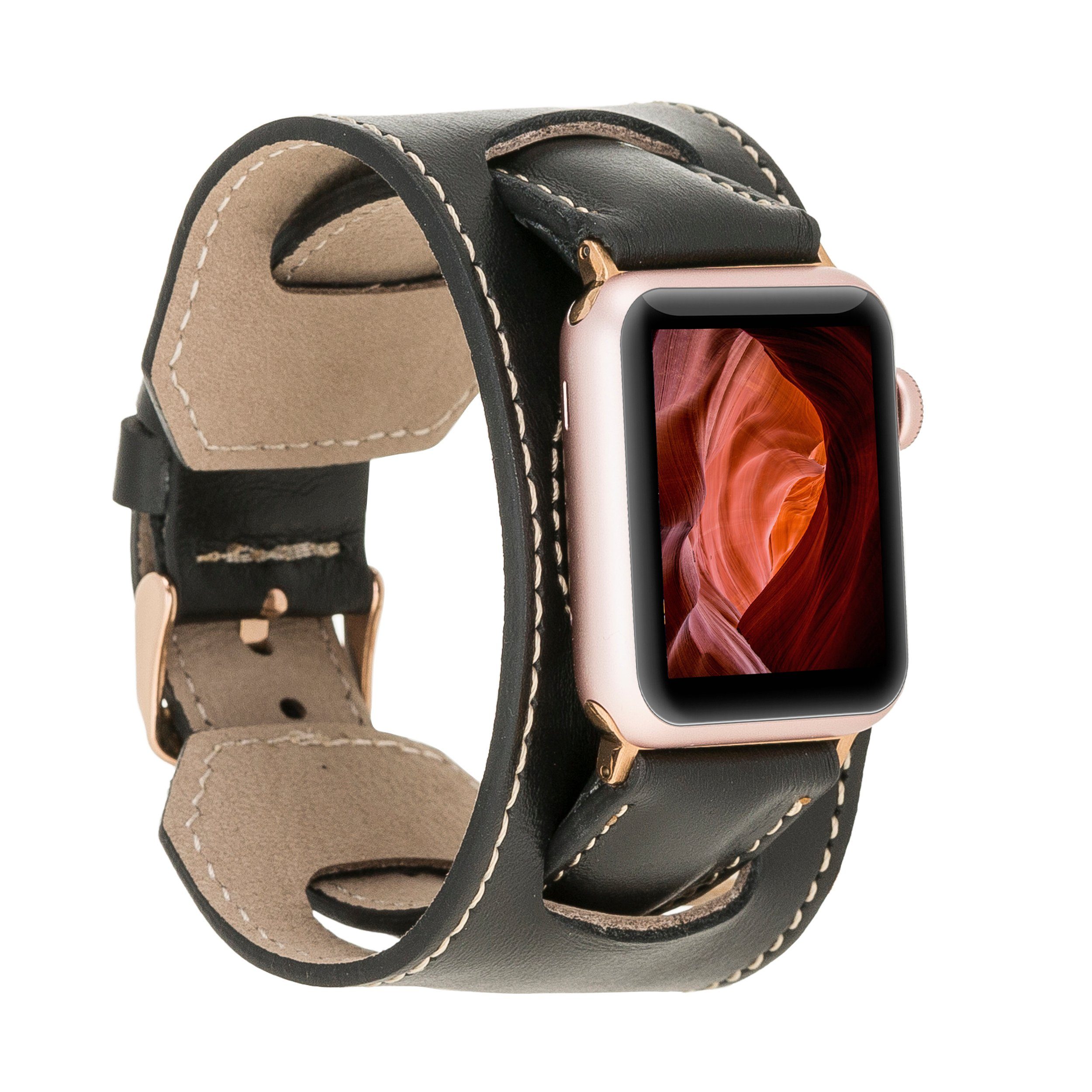 / Armband Leder 3 Renna Leather Versa Echtes 4 / 2 Ersatzarmband Cuff Smartwatch-Armband Schwarz Sense & Fitbit