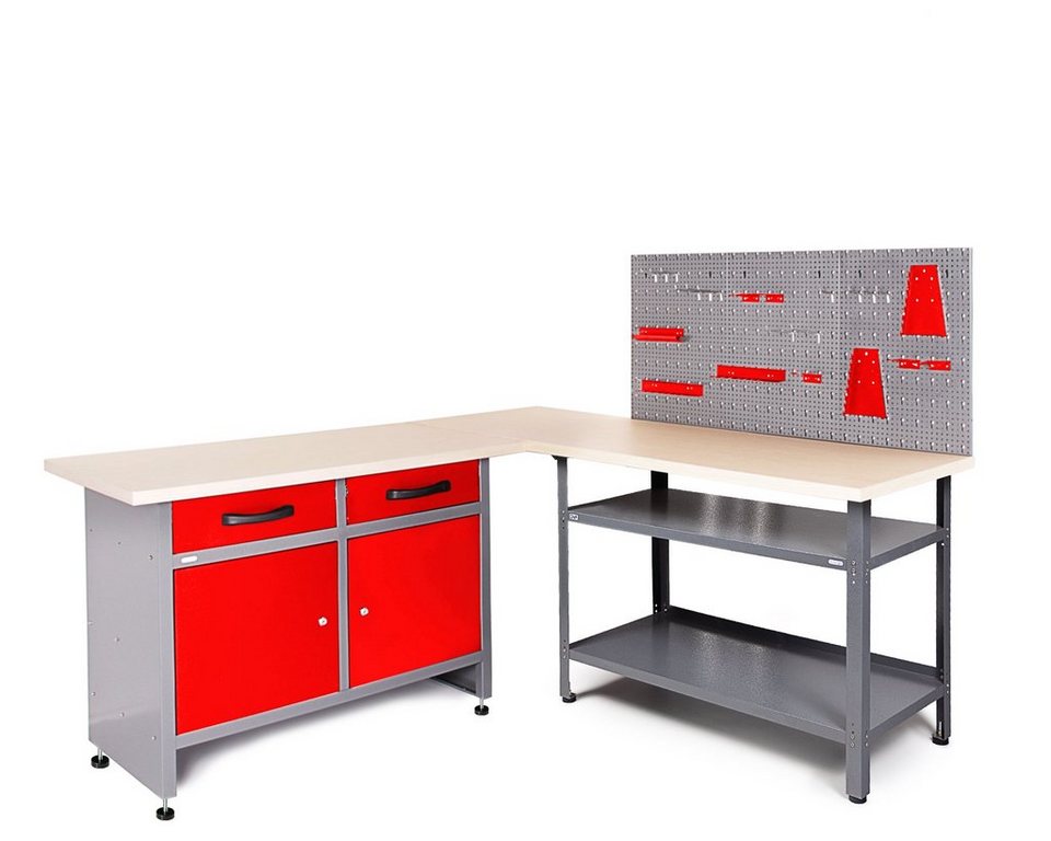 ONDIS24 Werkstatt-Set Ecklösung Sparfuchs Basic Plus 180 x 180 x 85cm (H),  2x Werkbank aus Metall, melaminbeschichtete Arbeitsplatte