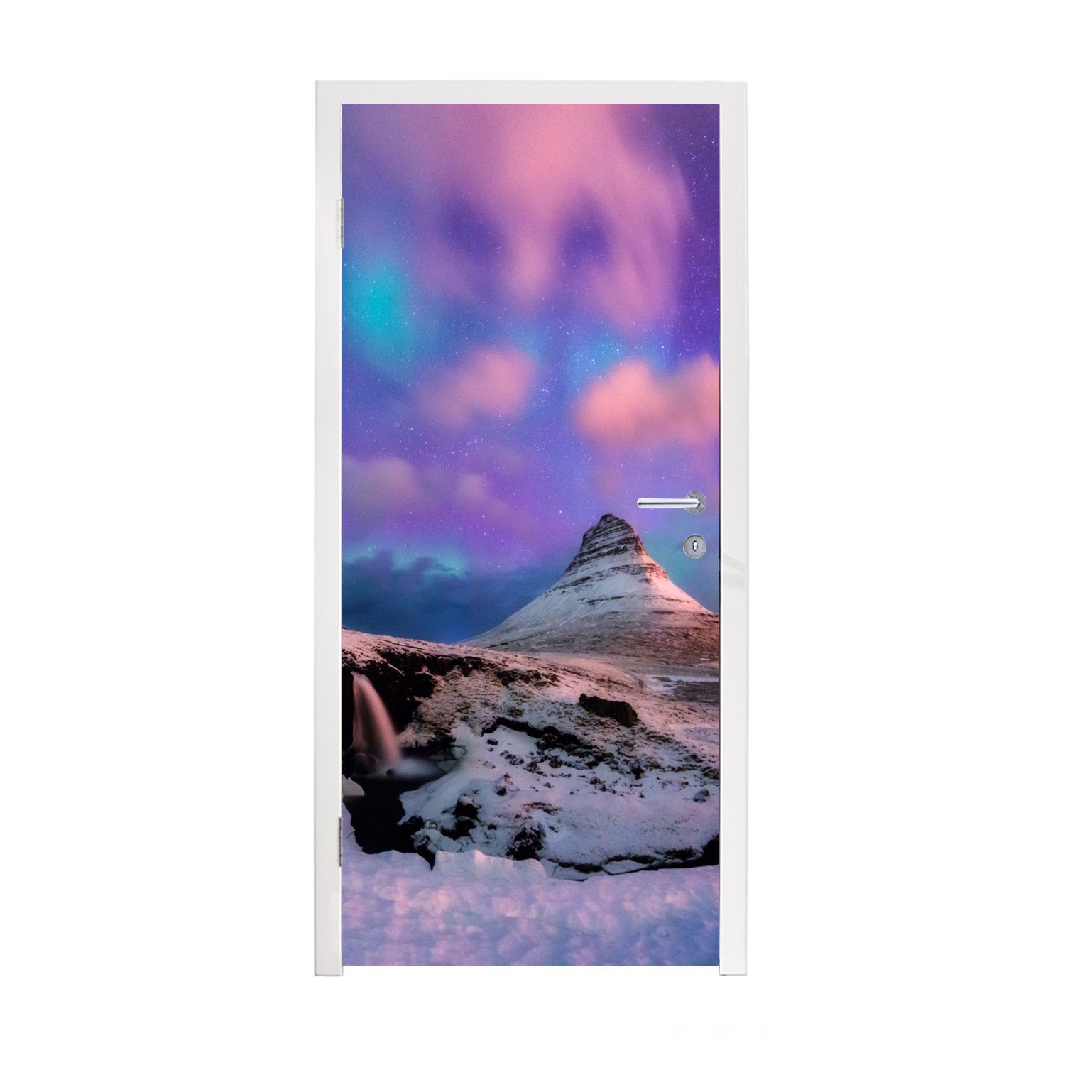 MuchoWow Türtapete Nordlichter - Rosa - Island, Matt, bedruckt, (1 St), Fototapete für Tür, Türaufkleber, 75x205 cm