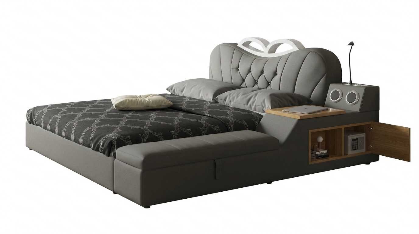 Xlmoebel Multimediabett Multifunktionsbett in Grau mit weichem Kopfteil und elegantem Design (1-tlg., 1-tlg), Integrierte Ablagen, Bluetooth Soundsystem, Leselampe