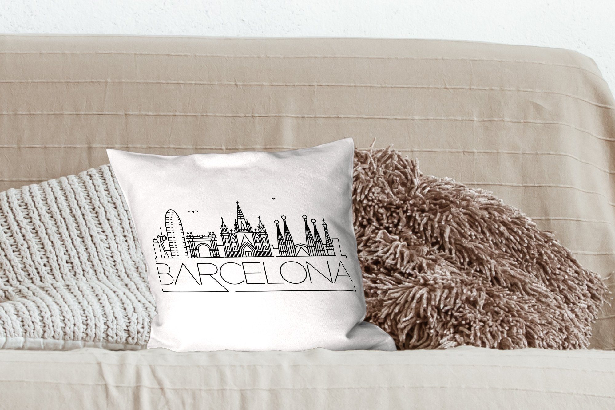 MuchoWow Dekokissen Skyline für mit Sofakissen "Barcelona" Füllung Wohzimmer, weiß, Schlafzimmer, Zierkissen Deko