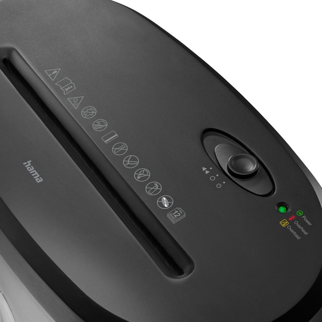 Hama Aktenvernichter Aktenvernichter Partikelschnitt (Papier + Plastik, Korb, 12 Blatt, P4), Mit Papierkorb, 4 x 40 mm Schnitzel, Automatik, Rücklauf