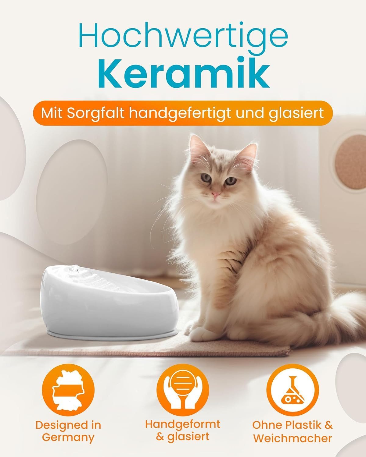 Lucky-Kitty Trinkbrunnen 1,5L Trinknapf für Katzen aus Keramik mit Pumpe für fließendes Wasser, Katzenbrunnen, extralanges Kabel (ca. 2m), für Spülmaschinen geeignet