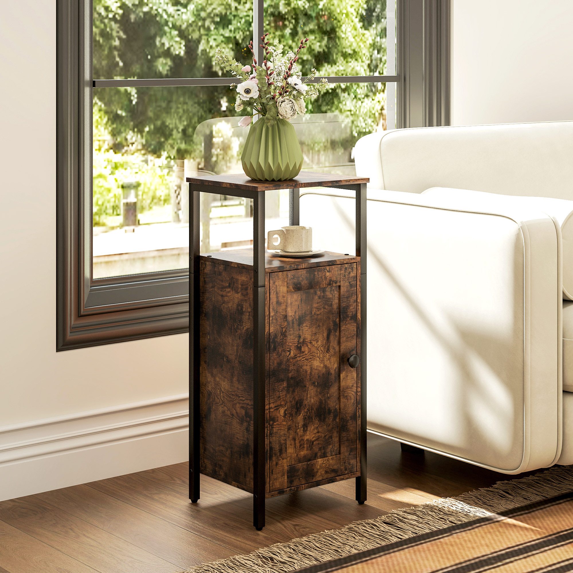 HOMCOM Beistelltisch Sofatisch Nachttisch mit Schrank und zwei offenen Ablagefächern (Couchtisch, 1-St., Kaffeetisch), für Wohnzimmer, Schlafzimmer, 34 x 30 x 80 cm, Rustikales Braun