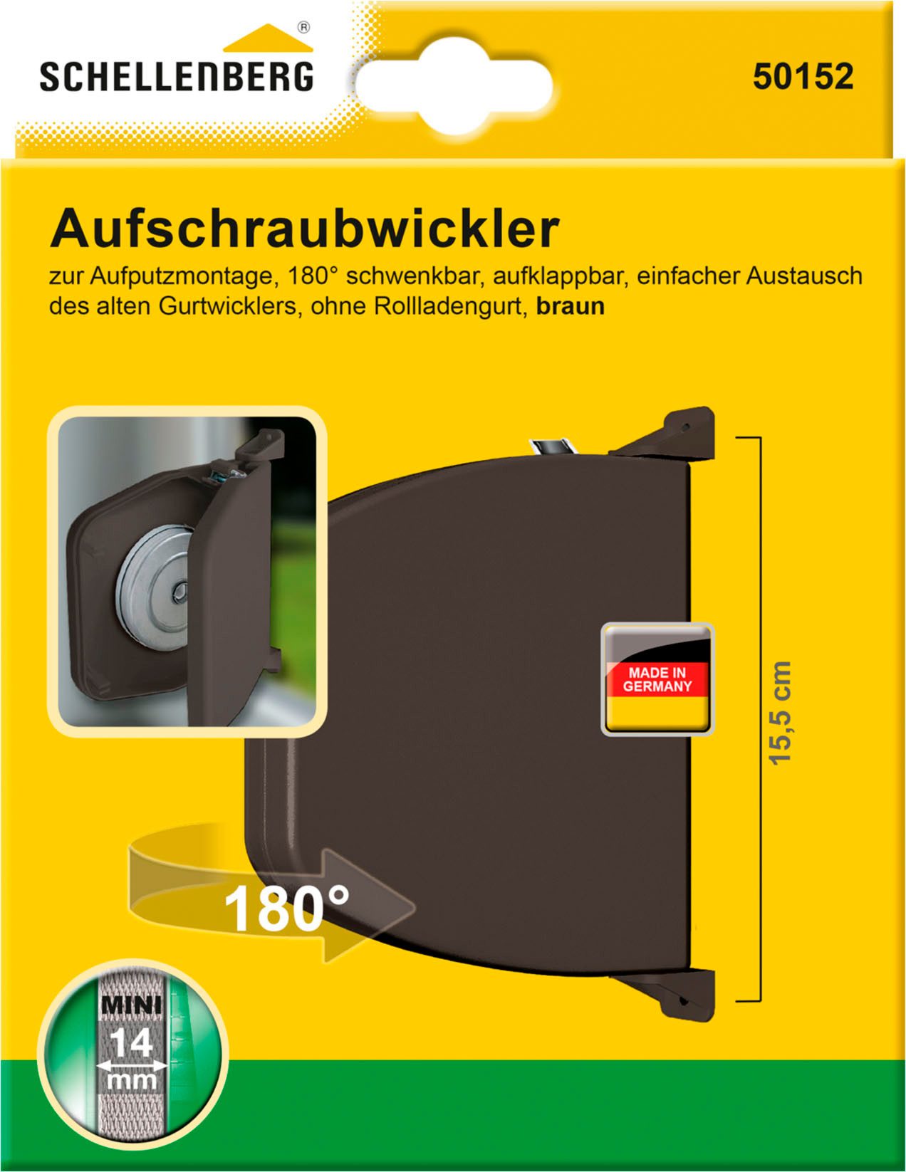 SCHELLENBERG Aufputz-Gurtwickler Aufschraubwickler für das Rollladensystem Mini, Gurtbreite 14 mm, 1-tlg., aufklappbar, mit festem Lochabstand, 155 mm, weiß oder braun