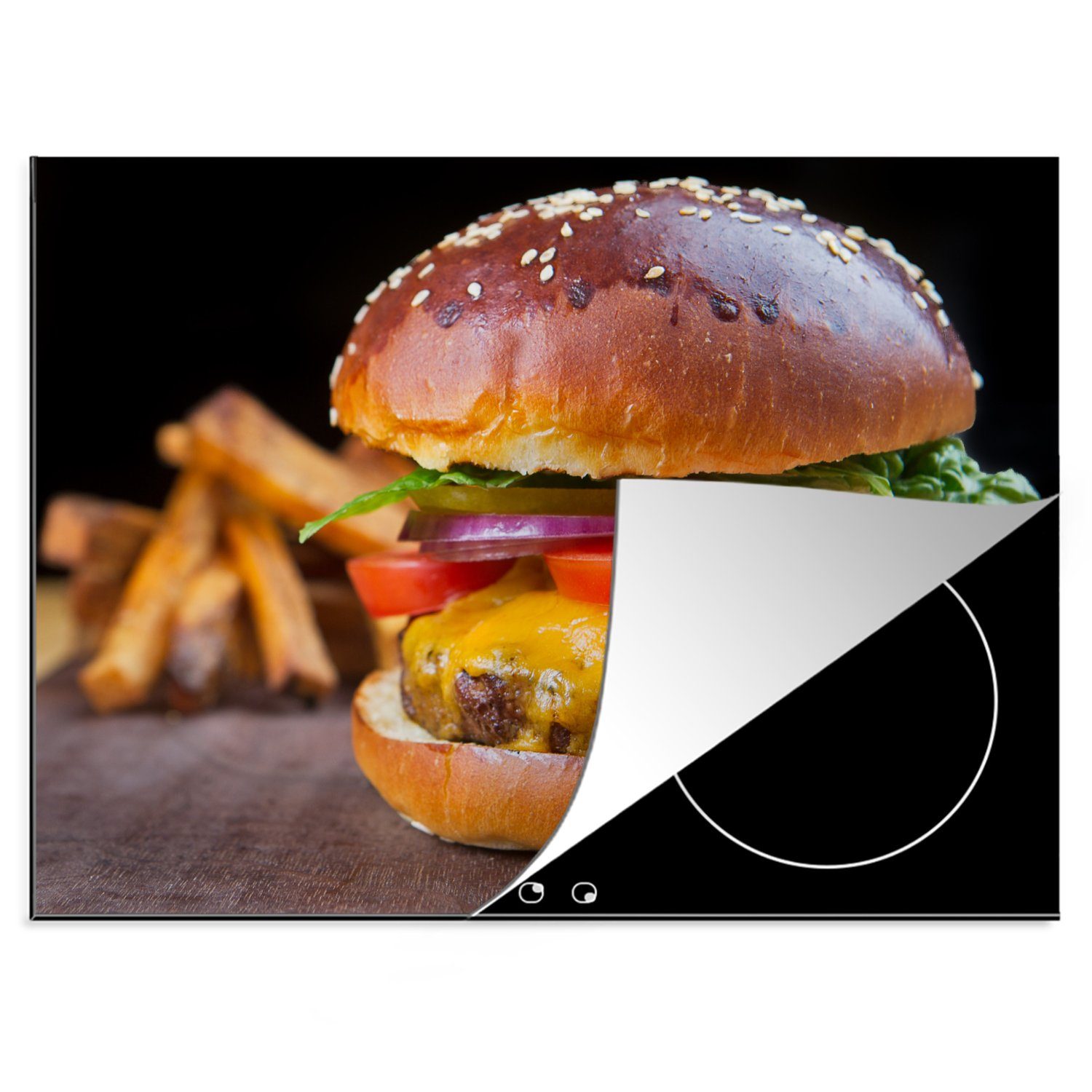 MuchoWow Herdblende-/Abdeckplatte Hamburger mit Pommes im Hintergrund, Vinyl, (1 tlg), 70x52 cm, Mobile Arbeitsfläche nutzbar, Ceranfeldabdeckung