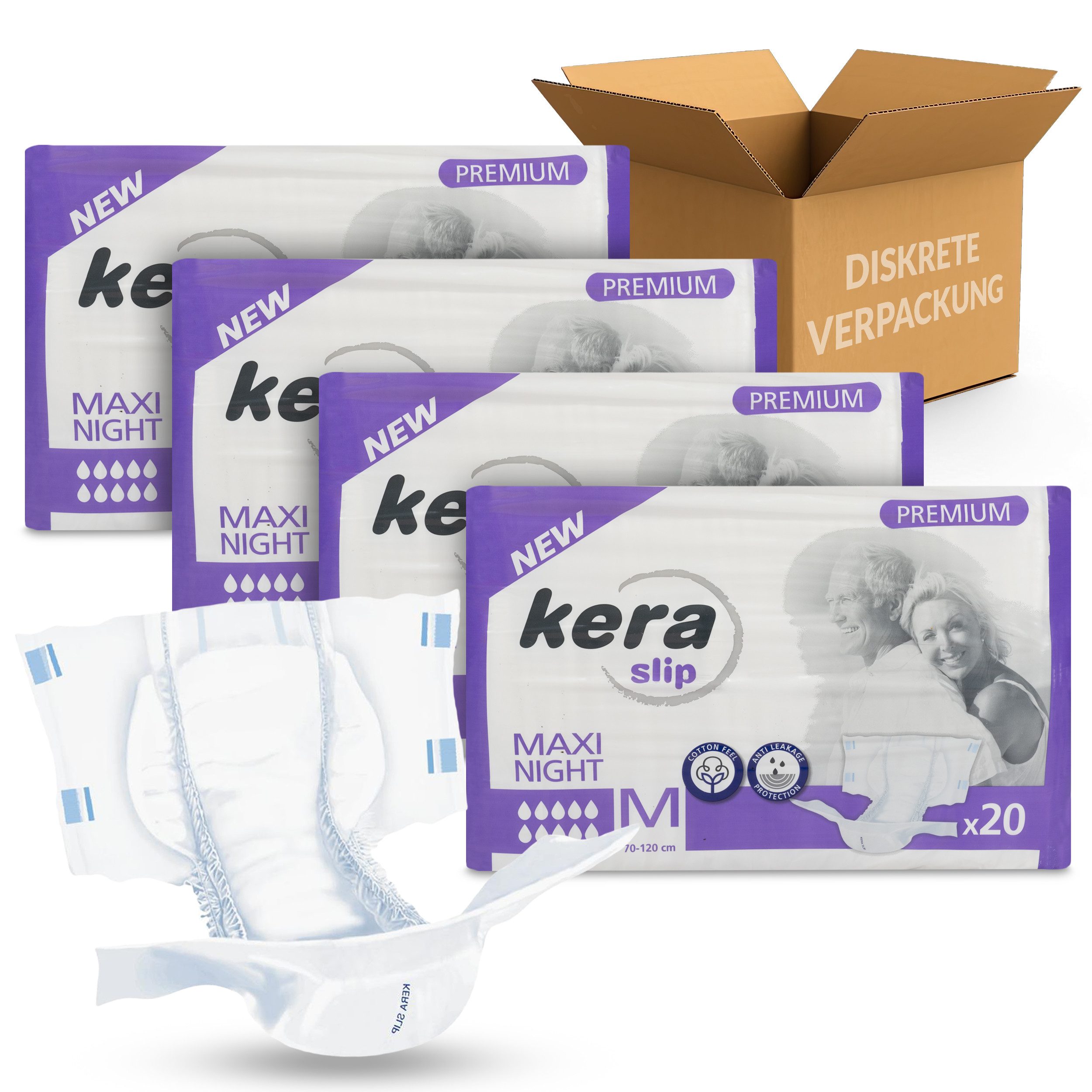 Kera Windeln Inkontinenz Slip MAXI NIGHT PREMIUM saugstarke Windeln für Erwachsene (mit doppeltem AUSLAUFSCHUTZ, 80-St., Atmungsaktive Erwachsenen Windel Cotton Feel), für den nächtlichen Gebrauch