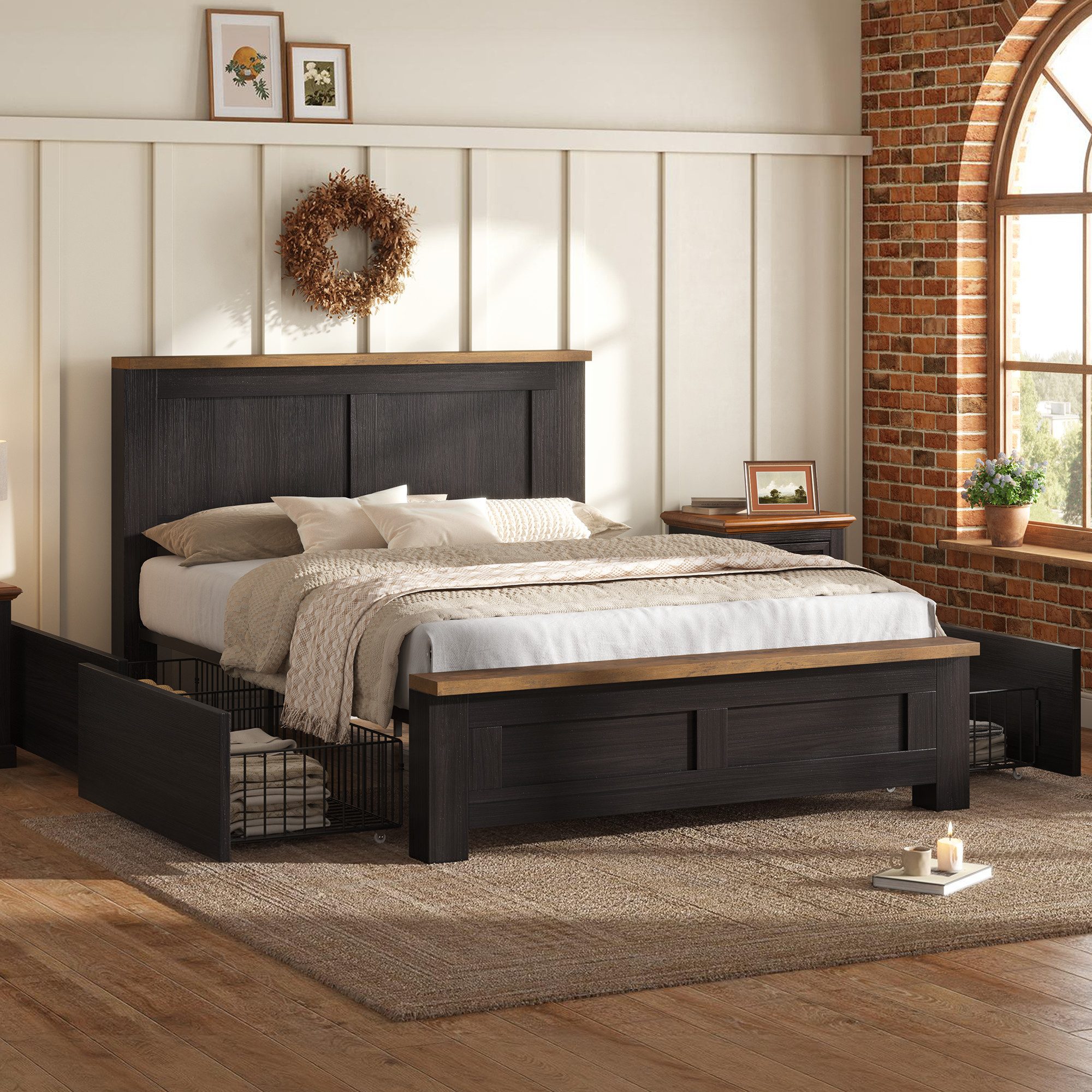 AMERLIFE Bettgestell mit Stauraum und Kopfteil, Weiß/Schwarz (1-tlg), 140x200cmWeiß/Schwarz, 160x200cm Weiß/Schwarz