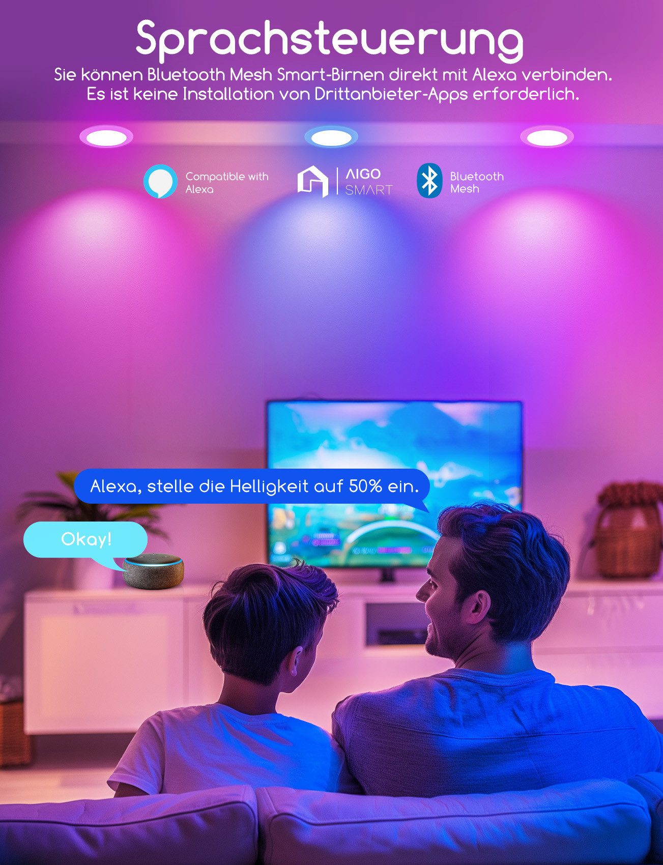 Aigostar LED Einbauleuchte Smart Decken Einbaulampe RGB+CCT Kompatibel mit Alexa Bluethooth Mesh, Ф100-110mm