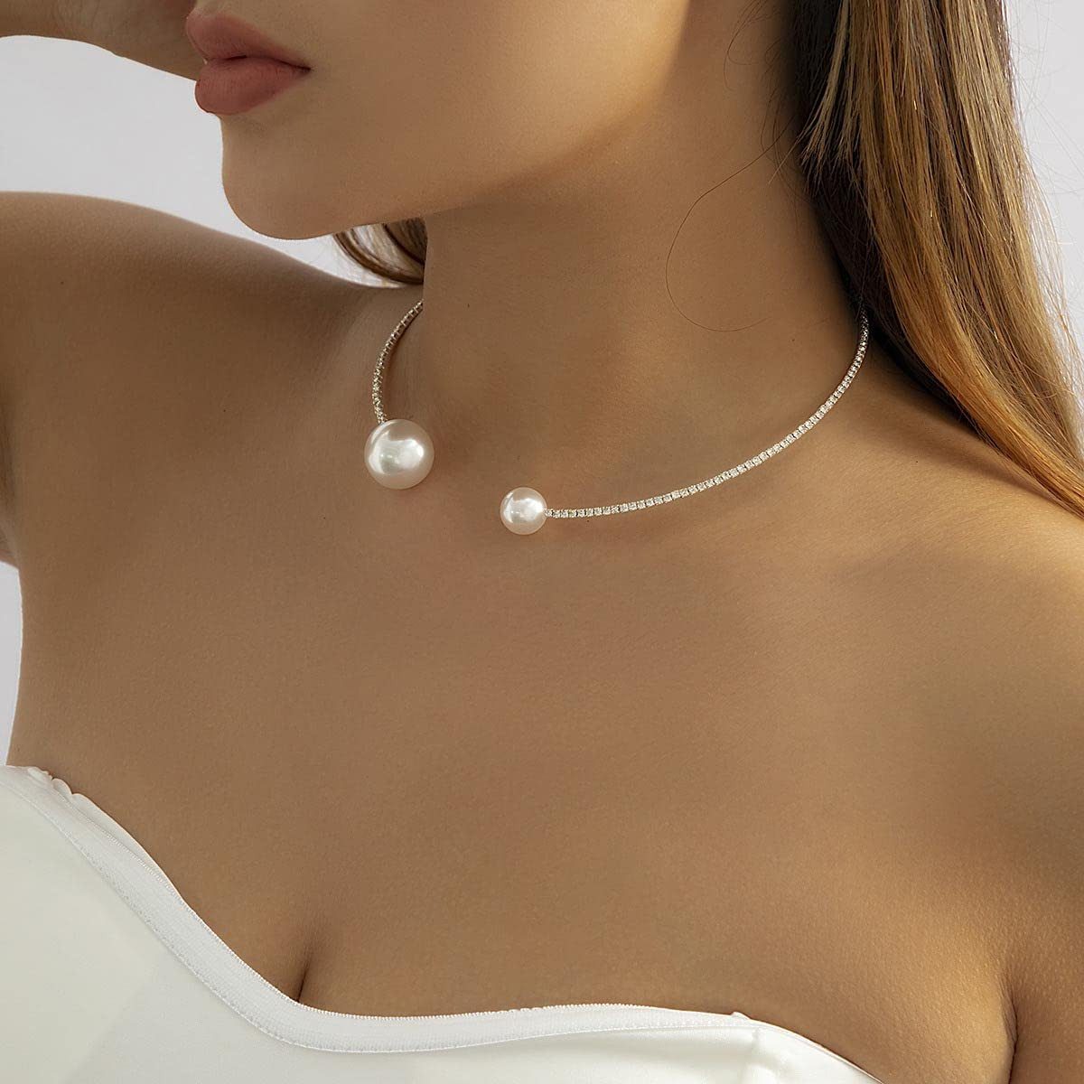 MOPUEA Kette mit Anhänger Boho Strass Perle Choker,Faux Perle offene geometrische Kragen (Einstellbar Nachahmung Perle Offene Halskette Braut Hochzeit Kristall, – Bild 3 von 5