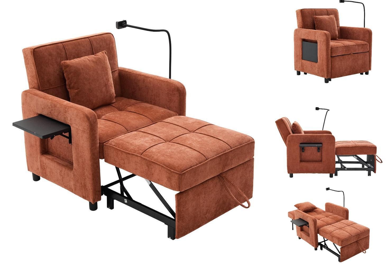 LVHOM Relaxsessel ausziehbar, Funktionsessel Schlafsofa Liegestuhl mit Handyhalterung (Ausziehbares Design, 5-fach verstellbare Rückenlehne, Seitentasche und kleine Tischplatte, Chenille-Stoff, ein abnehm-/waschbares Kissen, doppelte Stützbeine, bis 150kg), geeignet für Wohn-/Schlaf-/Gäste-/Arbeitszimmer, Büros, Empfangsräume