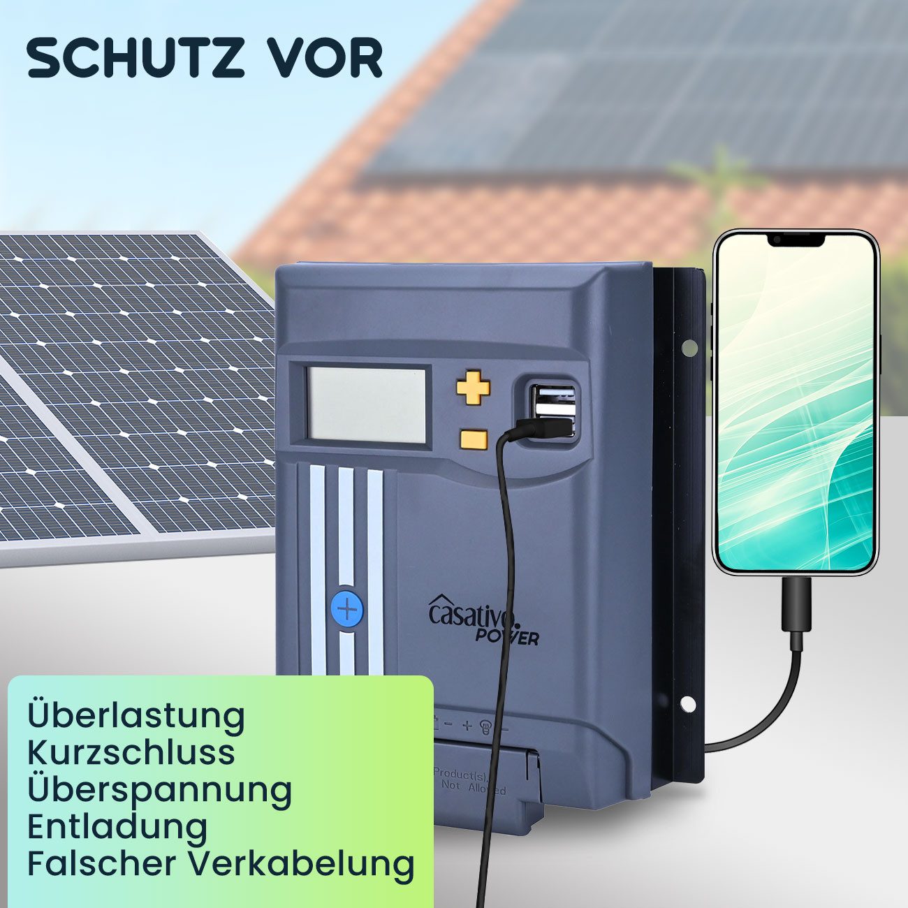 Casativo MPPT Solar-Laderegler 40A für 12V & 24V Batterien Solarladegerät (mit LCD-Display, 2 USB-Ports & vollem Überspannungsschutz)