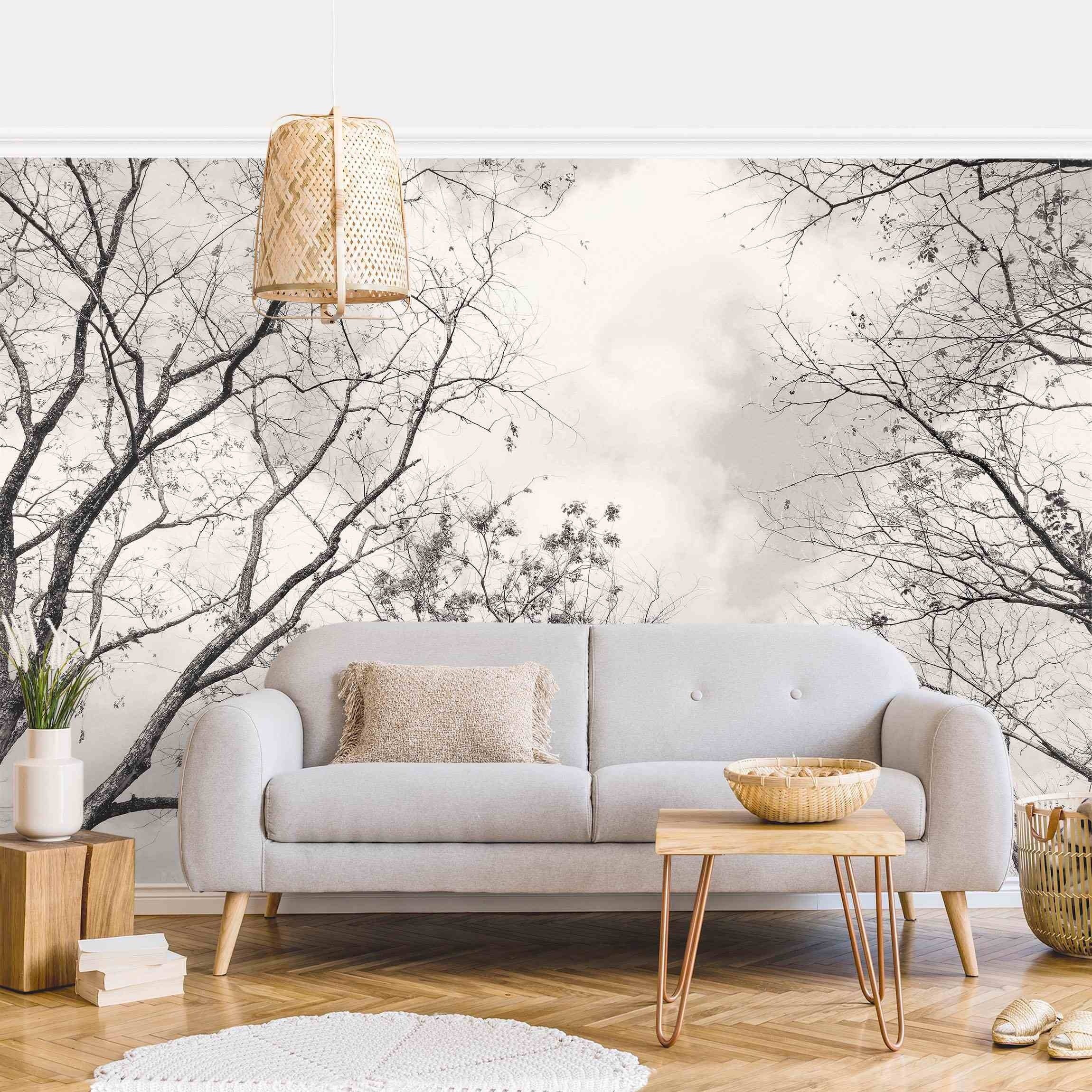 Bilderdepot24 Fototapete Wald Baumkronen Himmel Warmgrau Natur Landschaft Waldtapete Bäume, Glatt, Matt, (Vliestapete inkl. Kleister oder selbstklebend), Wohnzimmer Schlafzimmer Küche Flur Motivtapete Vliestapete Wandtapete