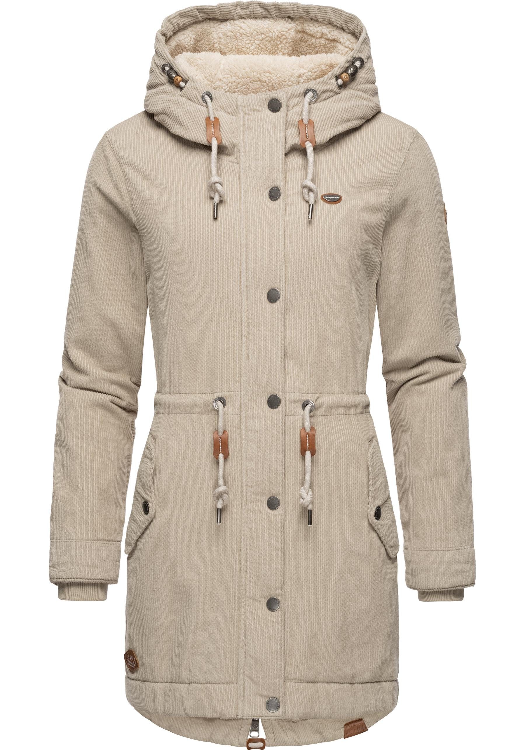 Ragwear Winterjacke Canny Corduroy stylischer Damen Cordmantel mit Kapuze beige