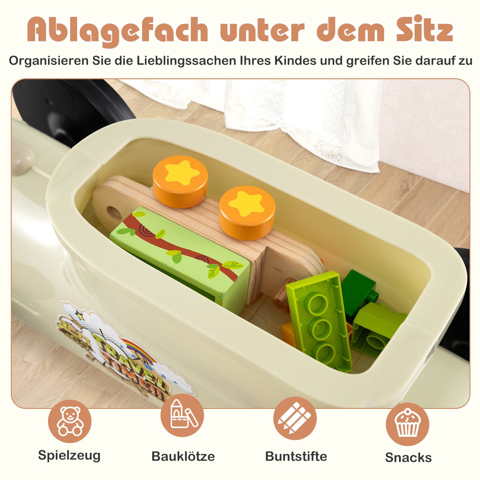 KOMFOTTEU Rutscherauto, Rutschfahrzeug mit Lenkrad, Zuggeräusche & Stauraum unter dem Sitz