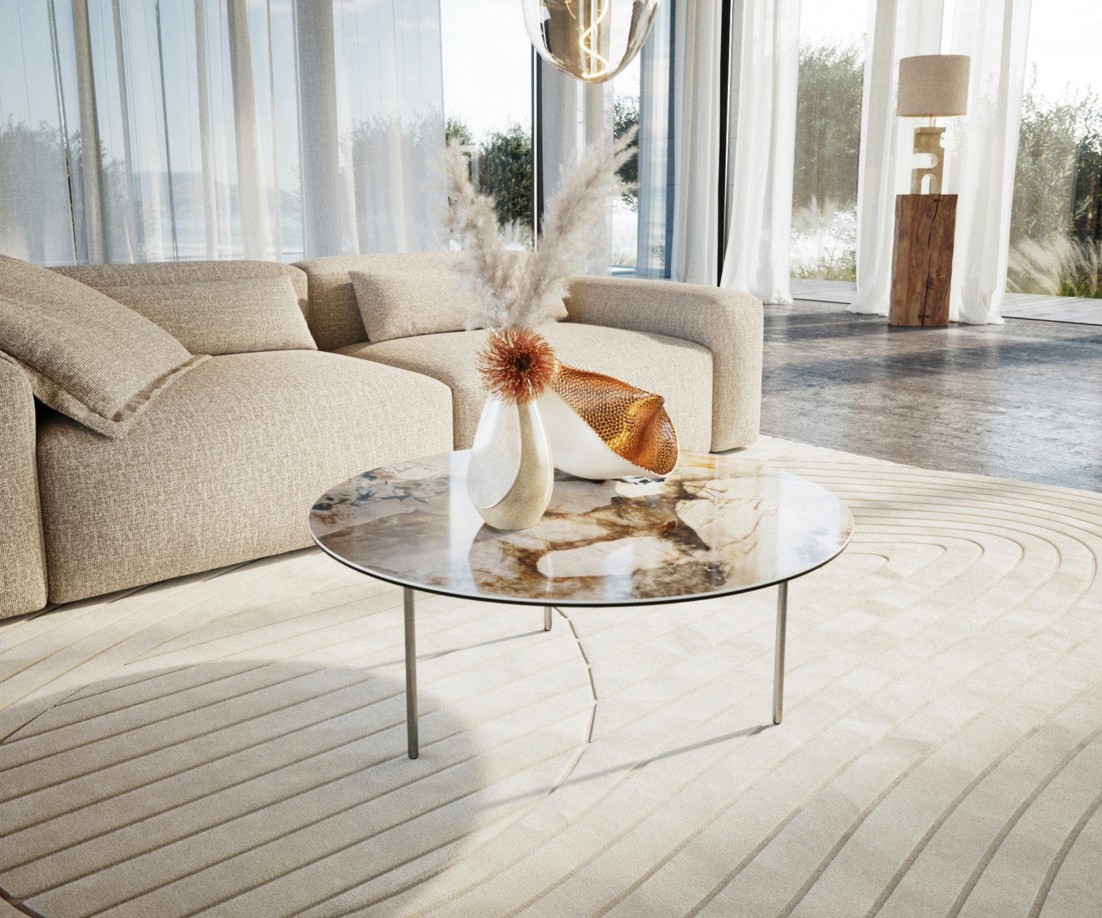 DELIFE Couchtisch Edge, Rund 90x90 cm Keramik Patagonia Poliert Trive Edelstahl gebürstet