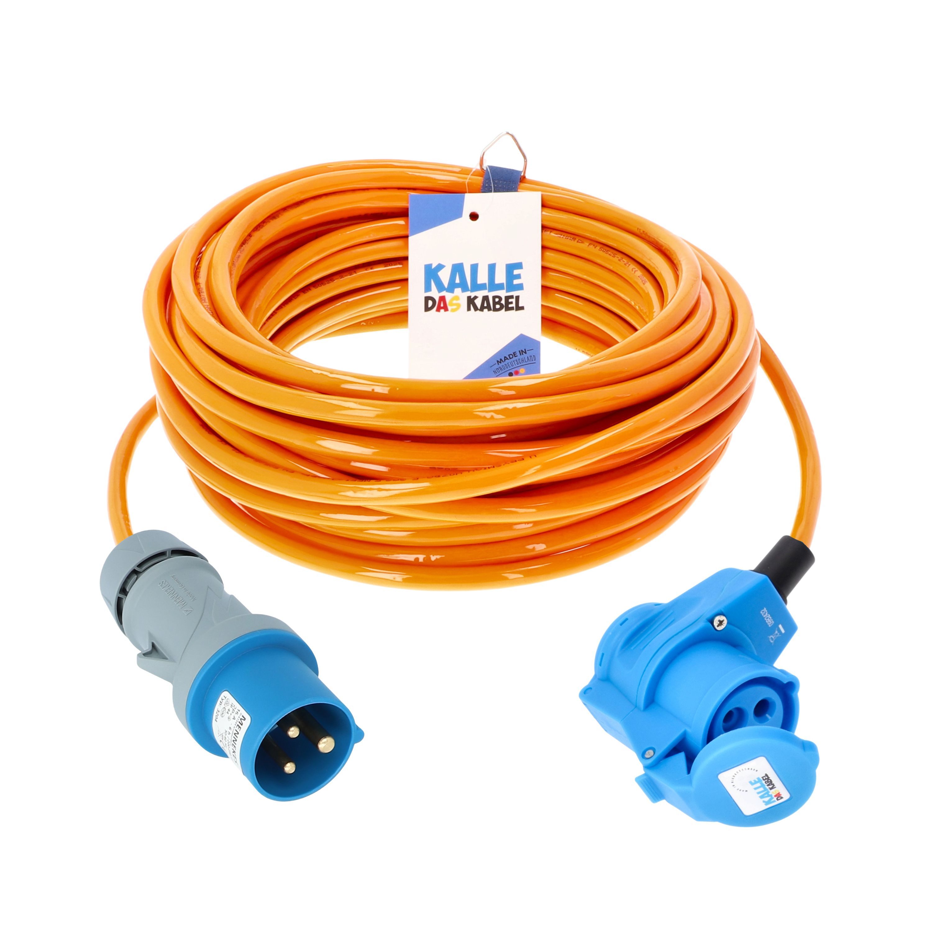KALLE DAS KABEL Kalle Verlängerungskabel CEE 230V16A 2,5 Winkel Signal Orange IP44 15m Verlängerungskabel, CEE 230V, 16A, CEE Winkelkupplung 230V, 16A mit rückseitiger Schuko Steckdose (1500 cm)