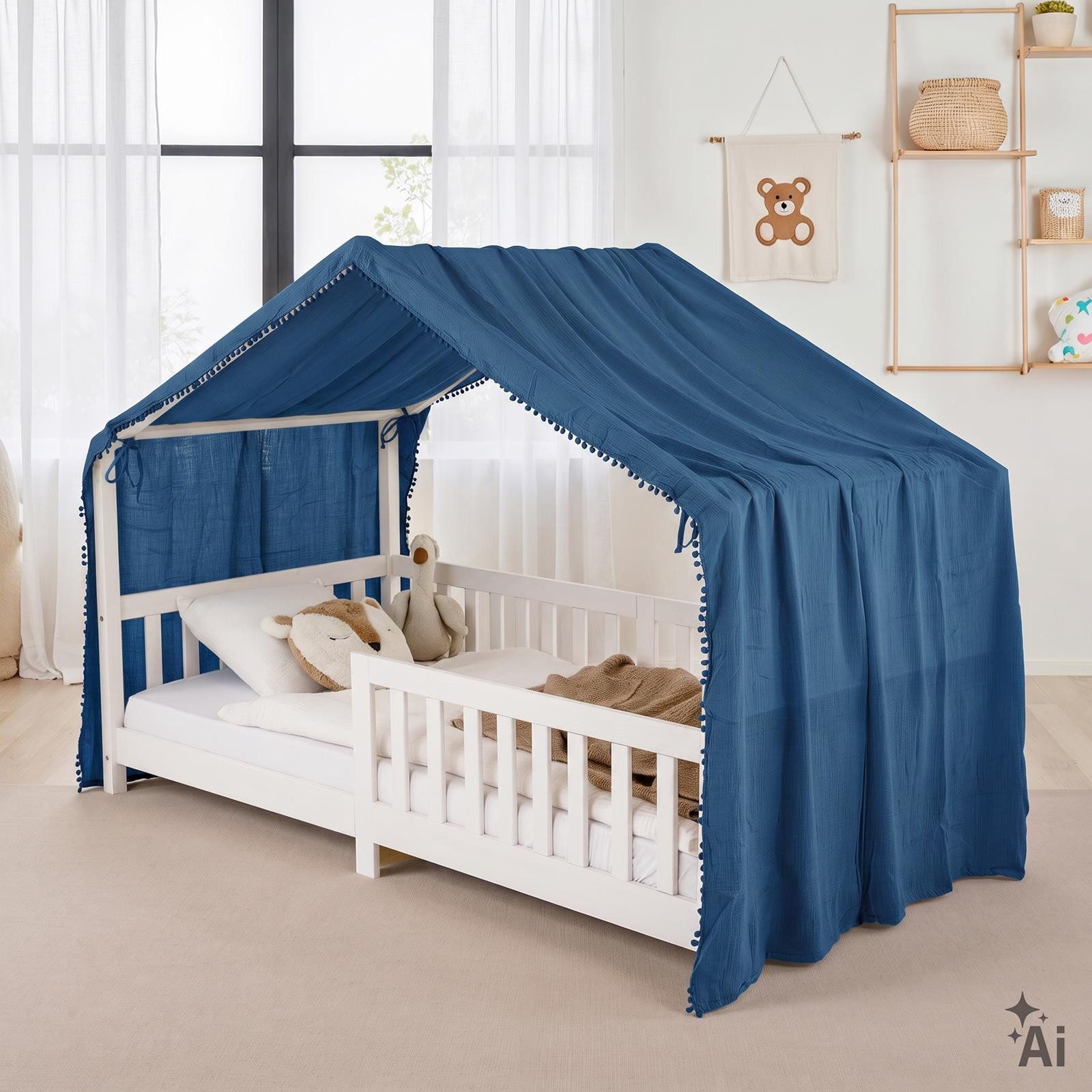 IDIMEX Betthimmel LIAN, Betthimmel Kinder aus Musselin mit Pompons Blau