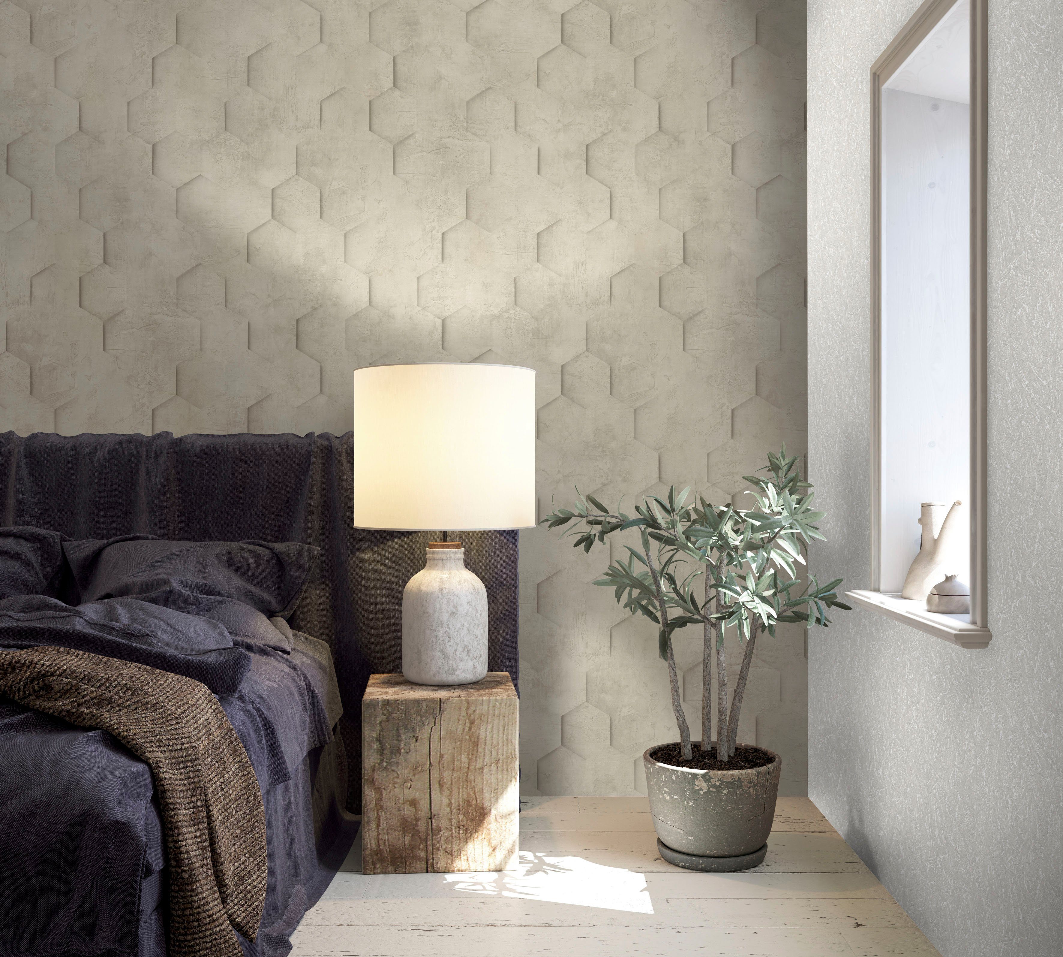 Schlafzimmer für strukturiert, Hexagon, Küche beige Vliestapete Wohnzimmer Marburg moderne matt, Vliestapete