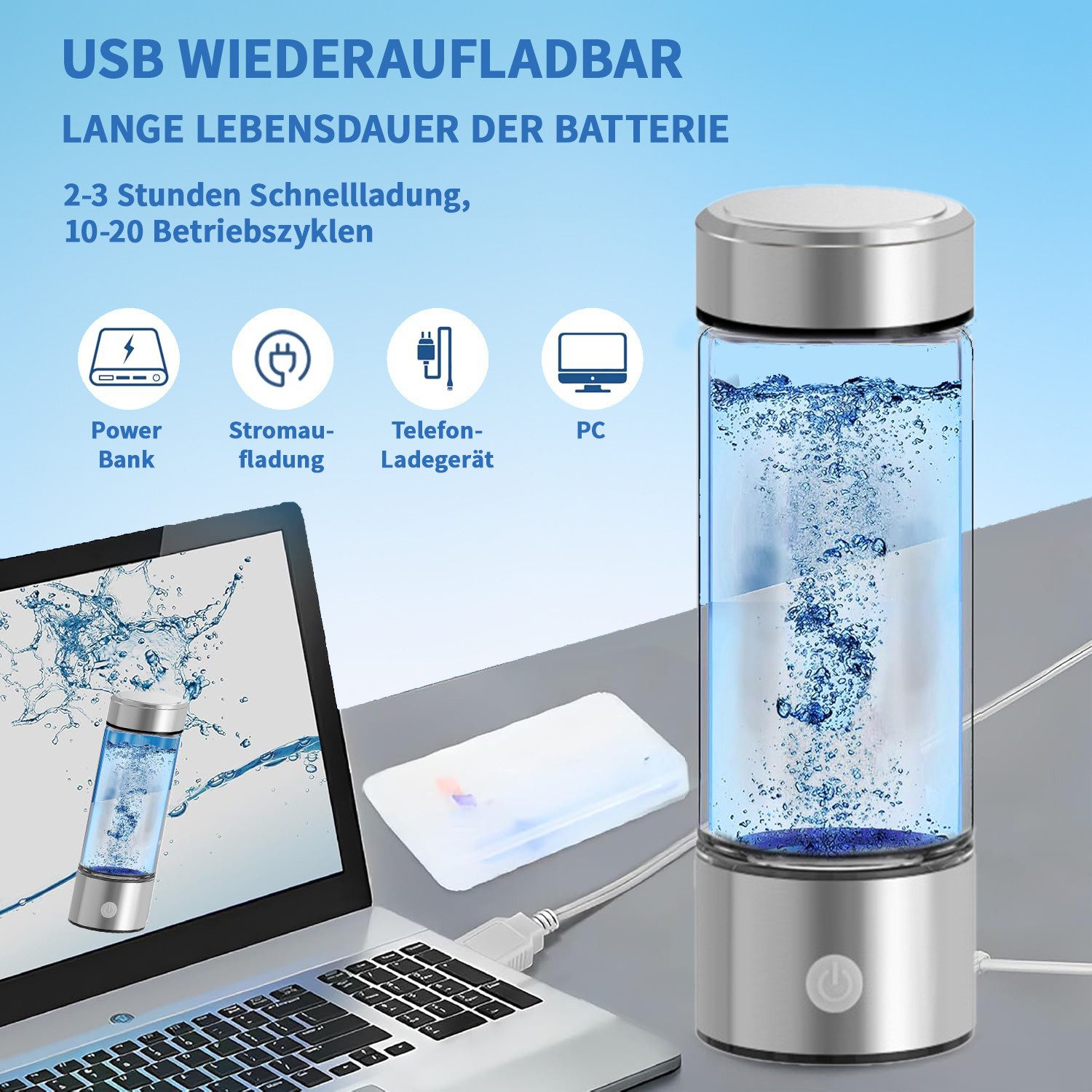 MOPUEA Trinkflasche Wasserstoff-Wassergenerator für Trinkwasser, Borosilikatglas, auslaufsicher und rutschfest – Bild 4 von 5