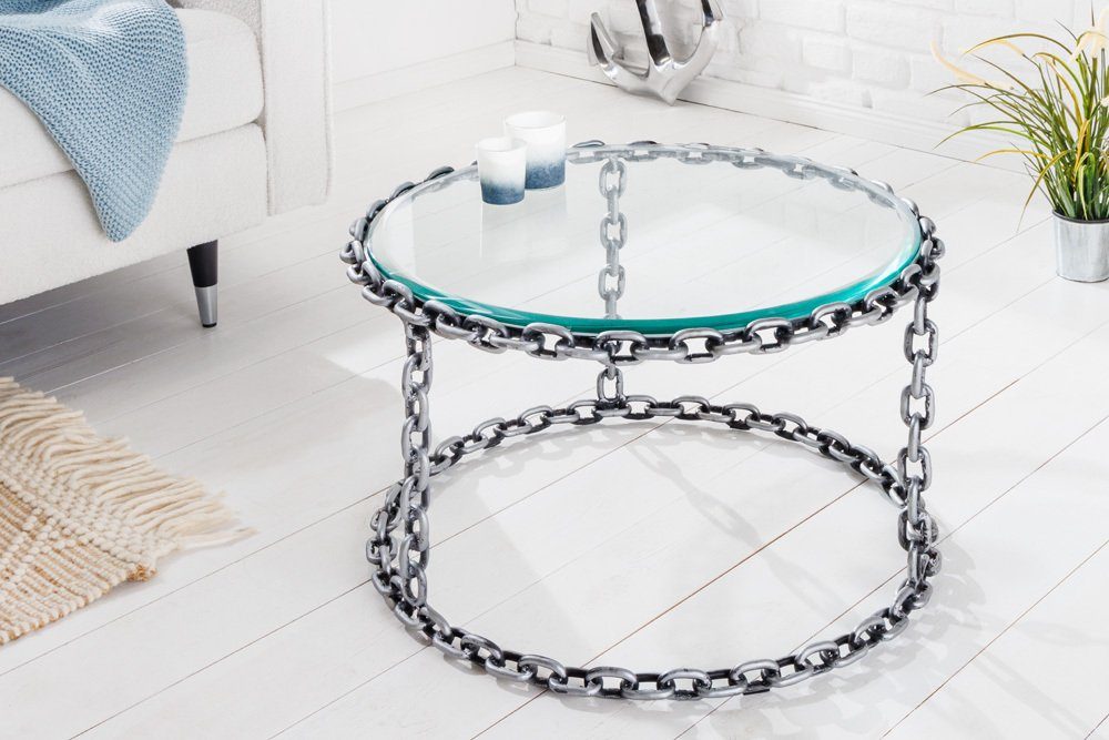 riess-ambiente Couchtisch CHAINS 65cm transparent / silber - Metall, Glasplatte, Kettengestell (Einzelartikel, 1-St), runder handgefertigter Beistelltisch- ideal f. extravagante Wohnzimmer