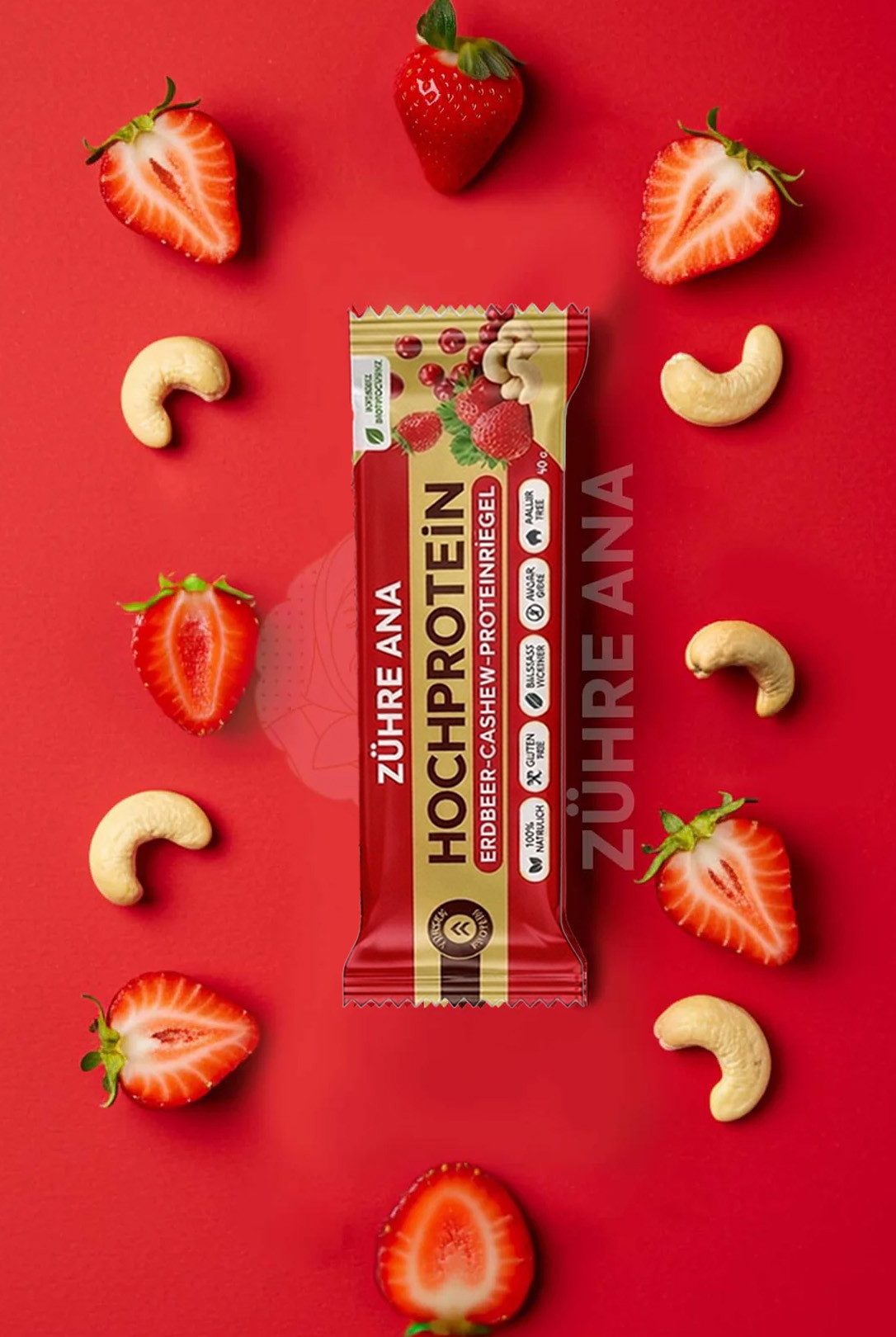 Zühre Ana® Riegel Erdbeer Cashew Proteinriegel 12x – Vegan, Glutenfrei, Zuckerfrei, 420 g, Proteinreicher, leckerer Snack, 35gr x 12 Stück