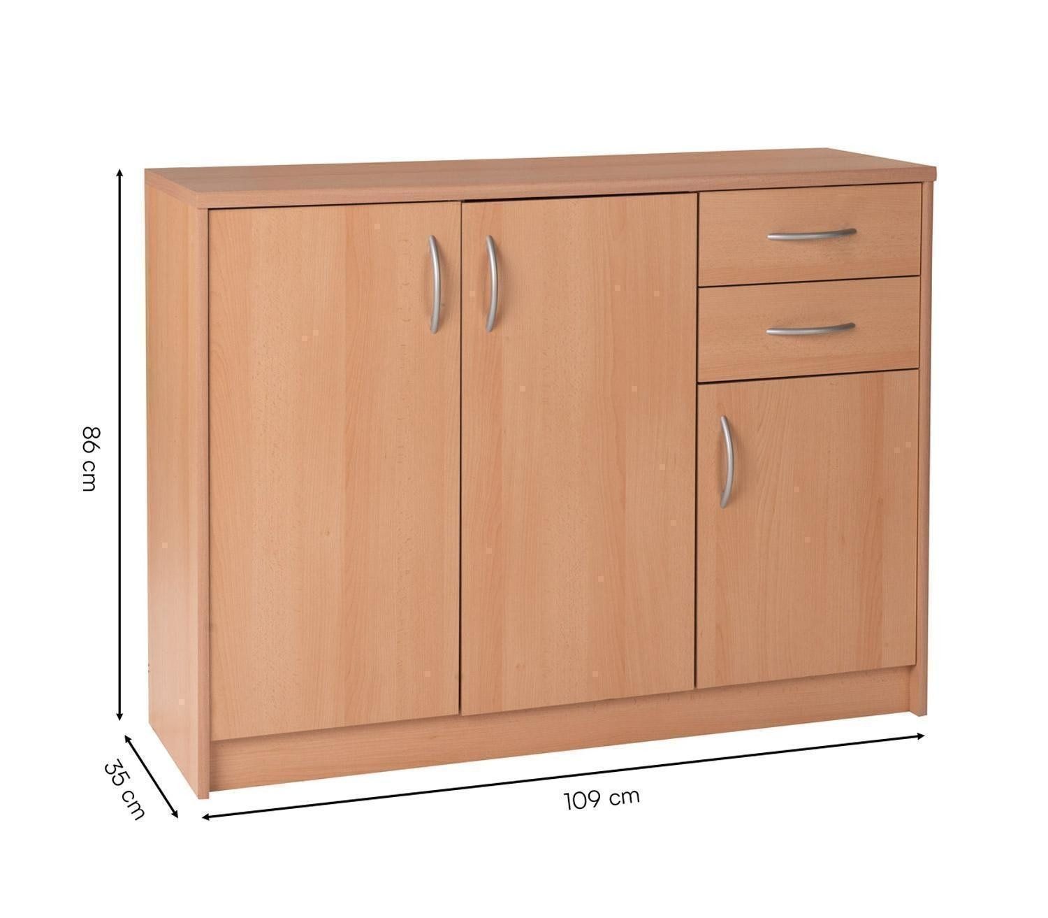 Kommode OPTIMUS, B 109 cm, H 86 cm, Buchedekor, 3 Türen, 2 Schubladen, 3 Einlegeböden