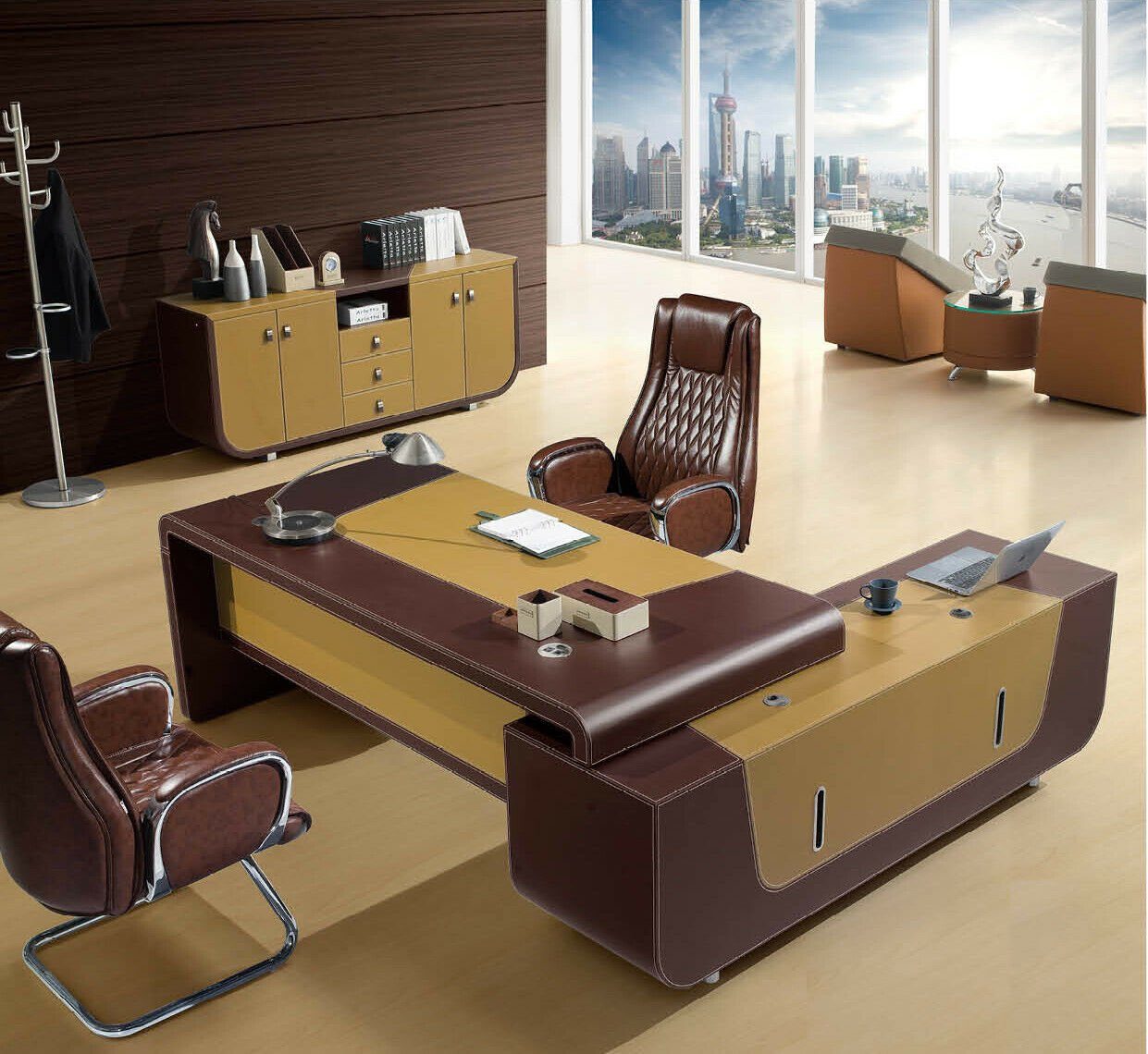JVmoebel Eckschreibtisch, Moderne Büromöbel Ecke Schreibtisch Tisch Chef +  Kommode 2tlg. Set