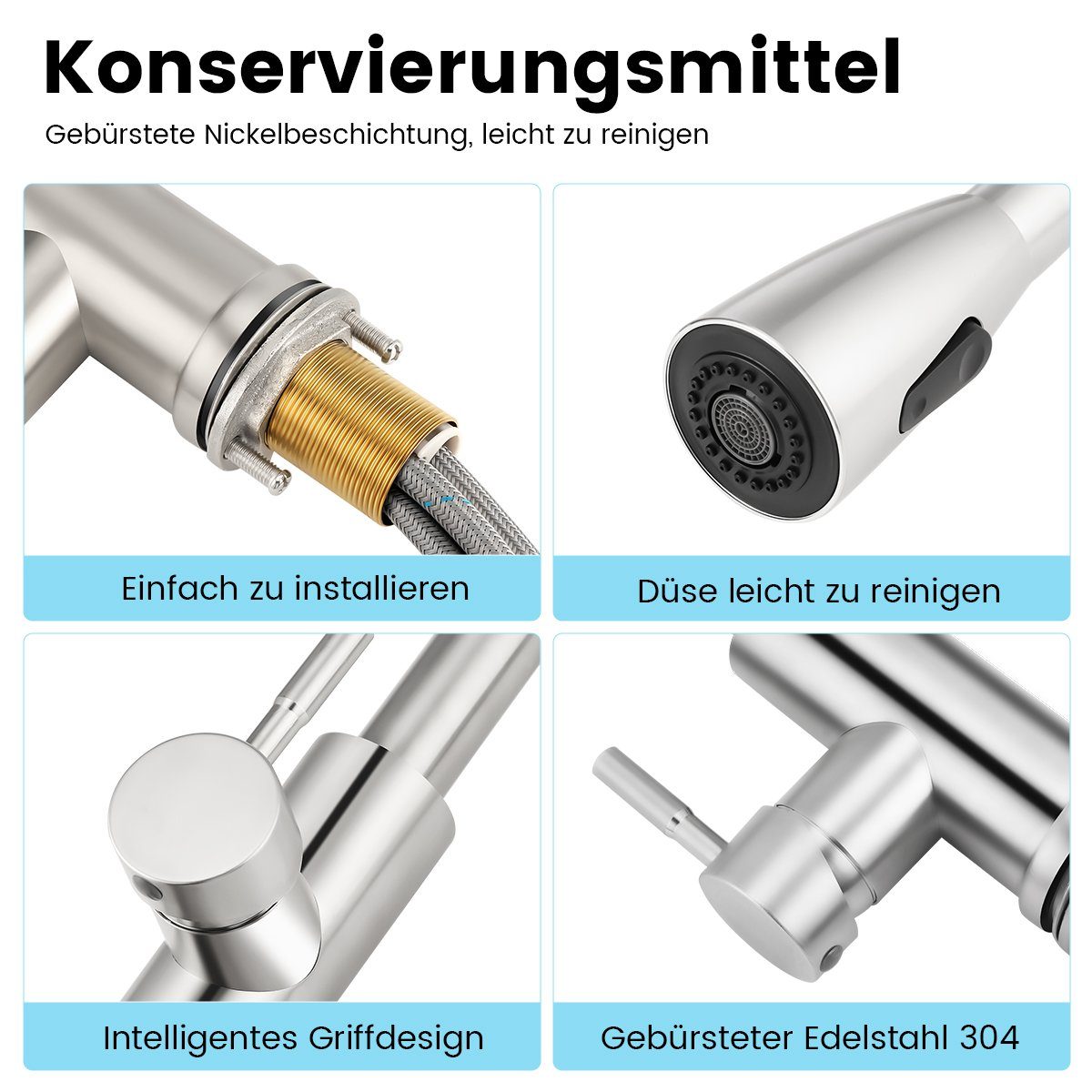 RULIA Küchenarmatur Mit Ausziehbarem Sprühkopf – 2 Griffe, Gebürstetes Nickel, L-Form