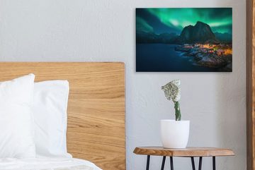 OneMillionCanvasses® Leinwandbild Dorf bei Polarlicht, (1 St), Wandbild Leinwandbilder, Aufhängefertig, Wanddeko, 30x20 cm