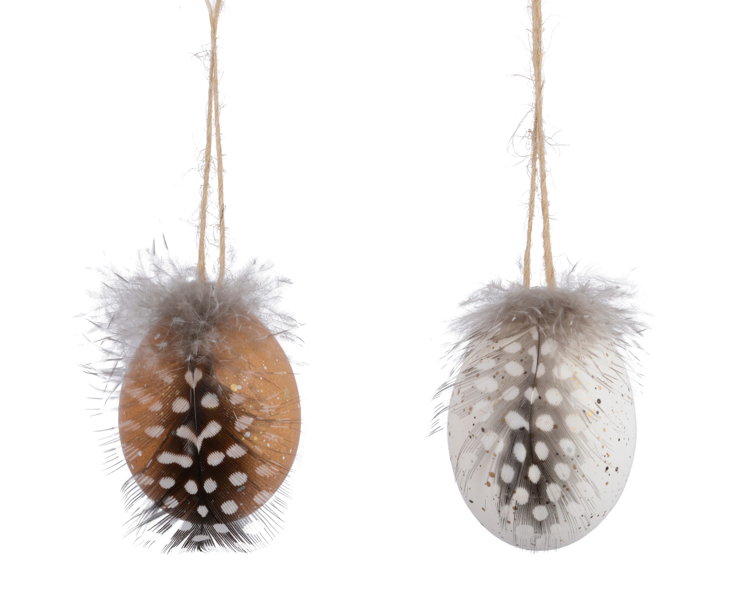 Decoris season decorations Osterei, Ostereier zum Aufhängen 4x6cm gesprenkelt mit Perlhuhn Feder 6er Box