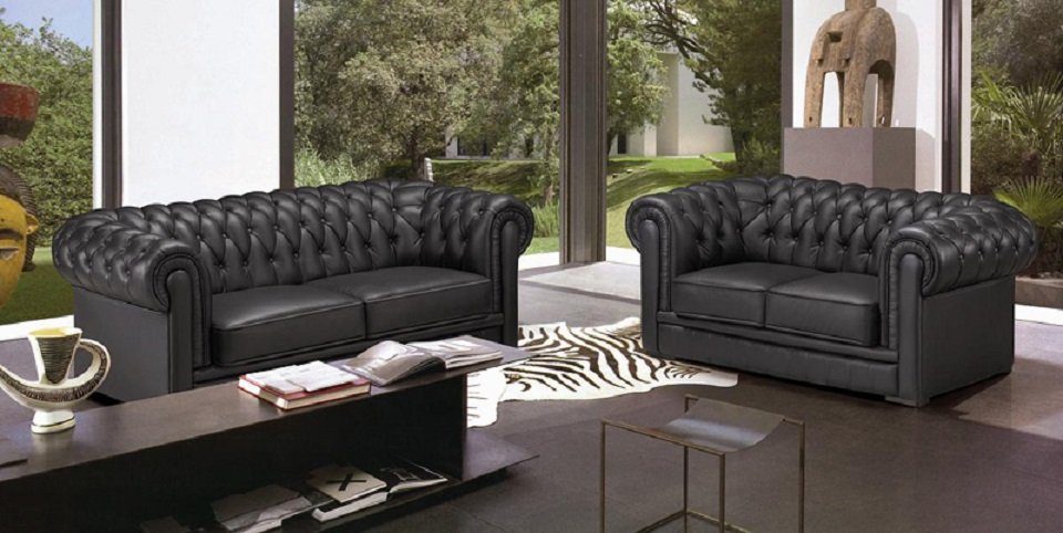 Sitzer Sofa Sessel, Chesterfield Schwarz Made in Sofa Set Möbel Couch JVmoebel Sofa Sofa Polster Europe