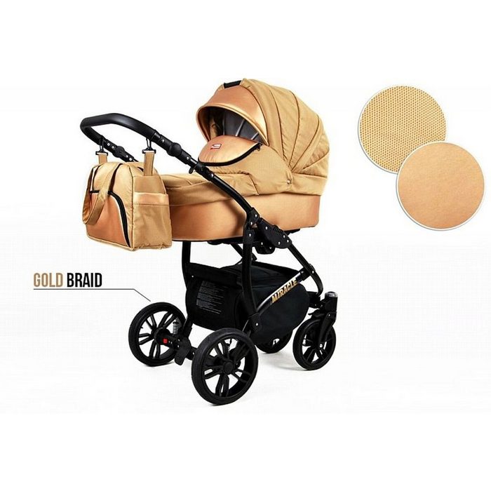 Raf-Pol Kombi-Kinderwagen Kinderwagen Miracle Alu 3in1- Set Wanne Buggy Babyschale Autositz mit Zubehör Gold (3-tlg)