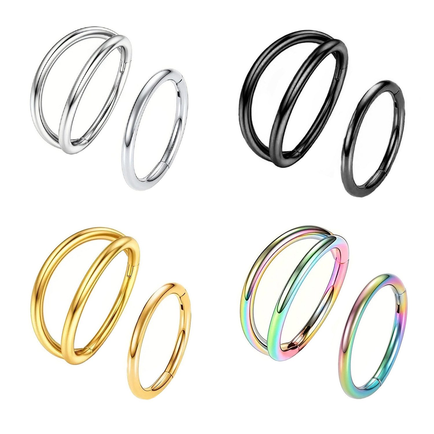 Taffstyle Nasenpiercing 2er Set Septum Piercing Helix Daith Ohr Doppel Ring Scharnier Clicker (Universelles Piercing-Set mit Scharnier Clickverschluss aus Chirurgenstahl)