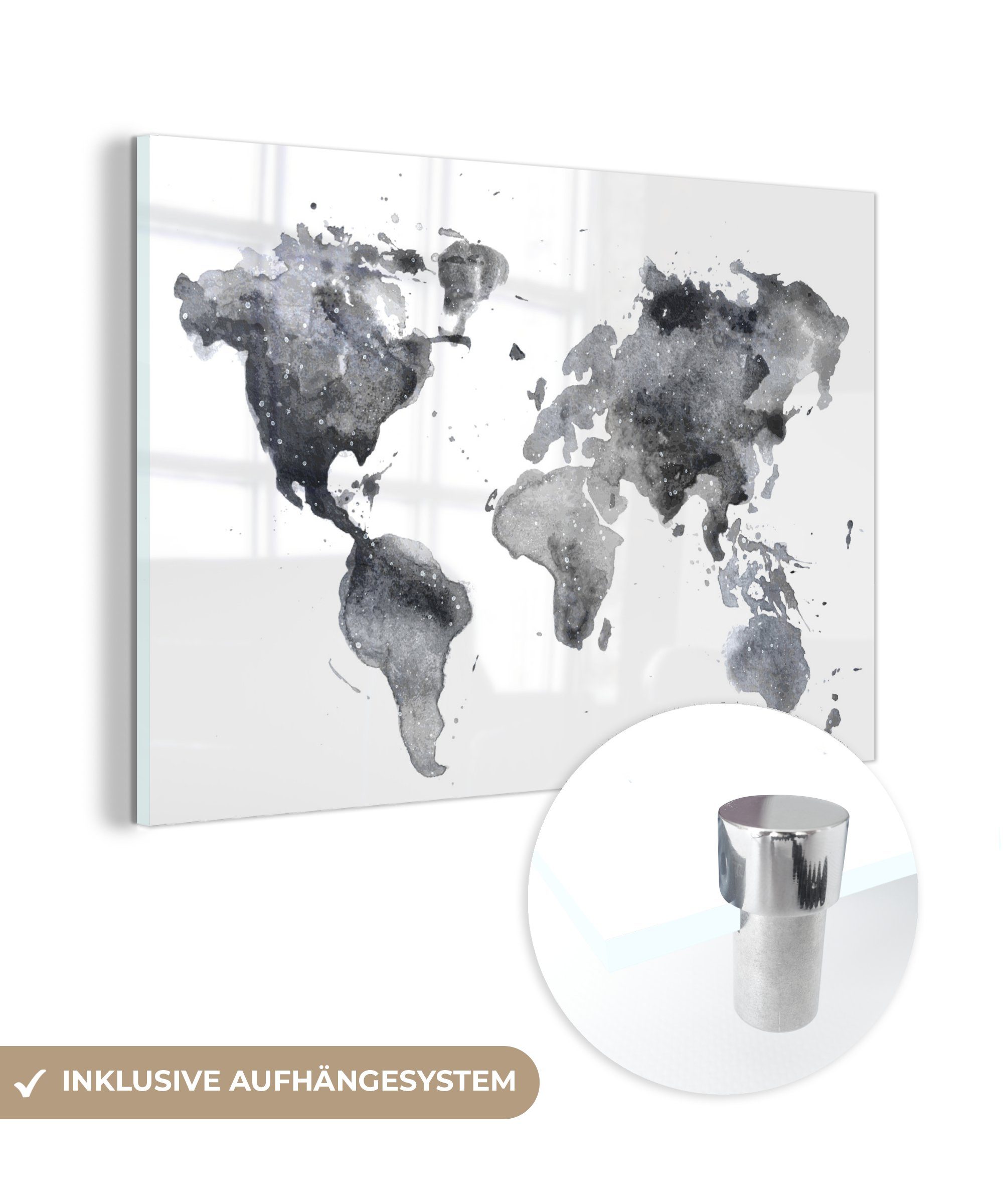 MuchoWow Acrylglasbild Weltkarte - Abstrakt - Grau - Aquarell, (1 St), Glasbilder - Bilder auf Glas Wandbild - Foto auf Glas - Wanddekoration