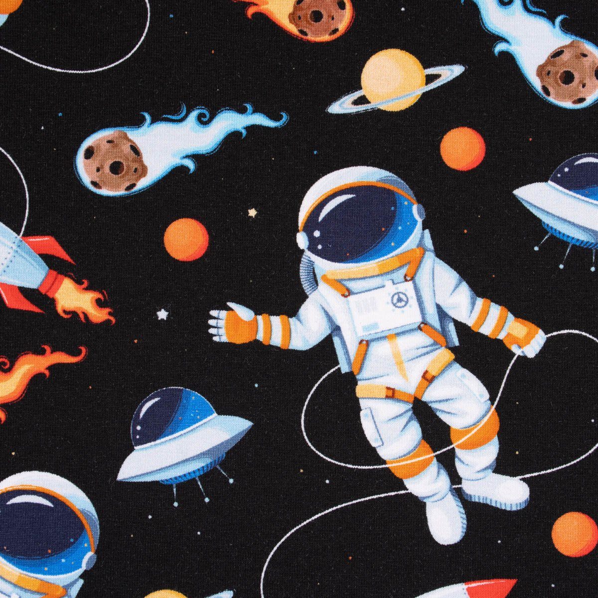 SCHÖNER LEBEN. Stoff Baumwolljersey Digitaldr. Weltall Astronaut Rakete Ufo schwarz bunt 1, allergikergeeignet