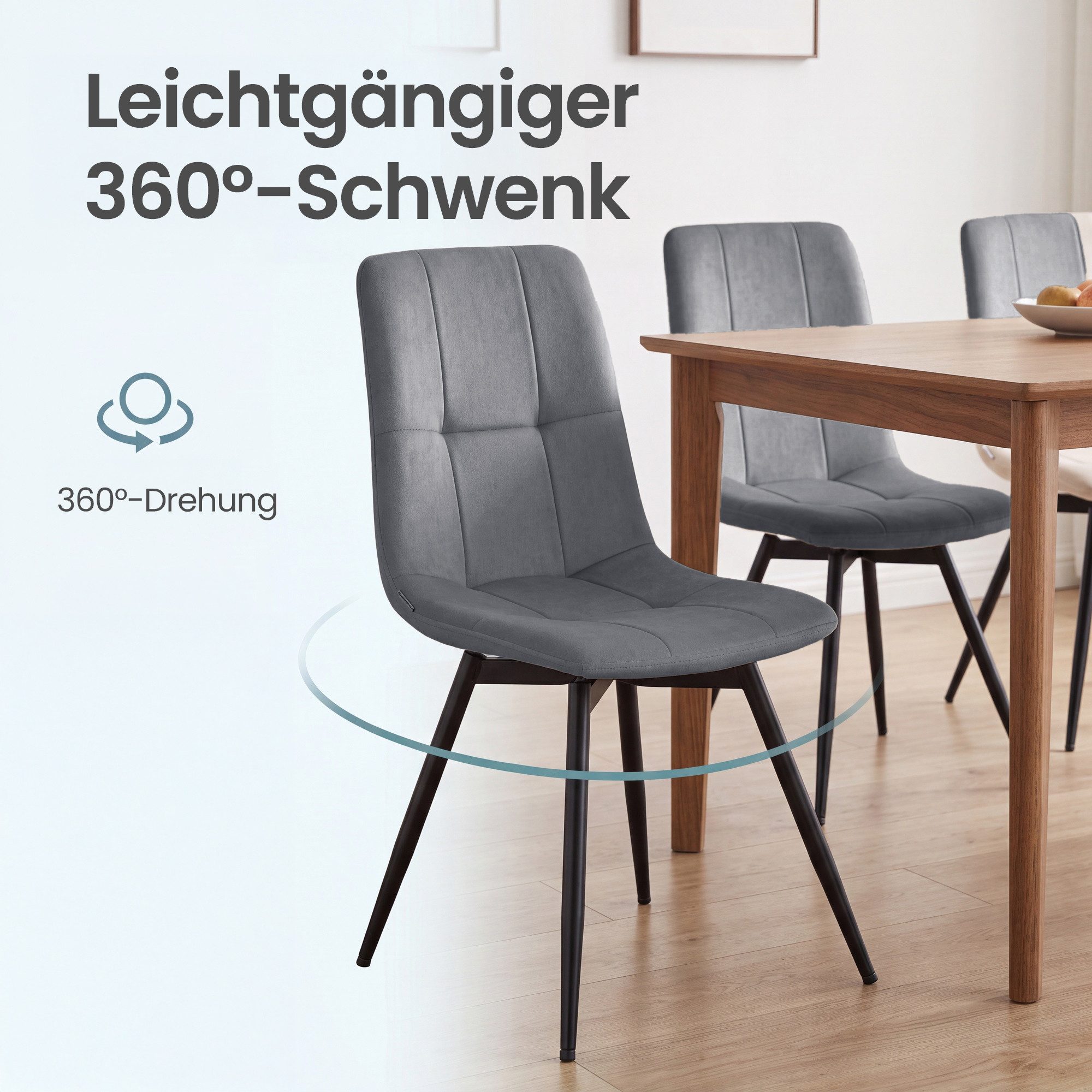 VASAGLE Esszimmerstuhl 360° Drehbar, aus Samt, Ergonomischer Samtstuhl, 6er Set, für Esszimmer und Wohnzimmer – Bild 4 von 5