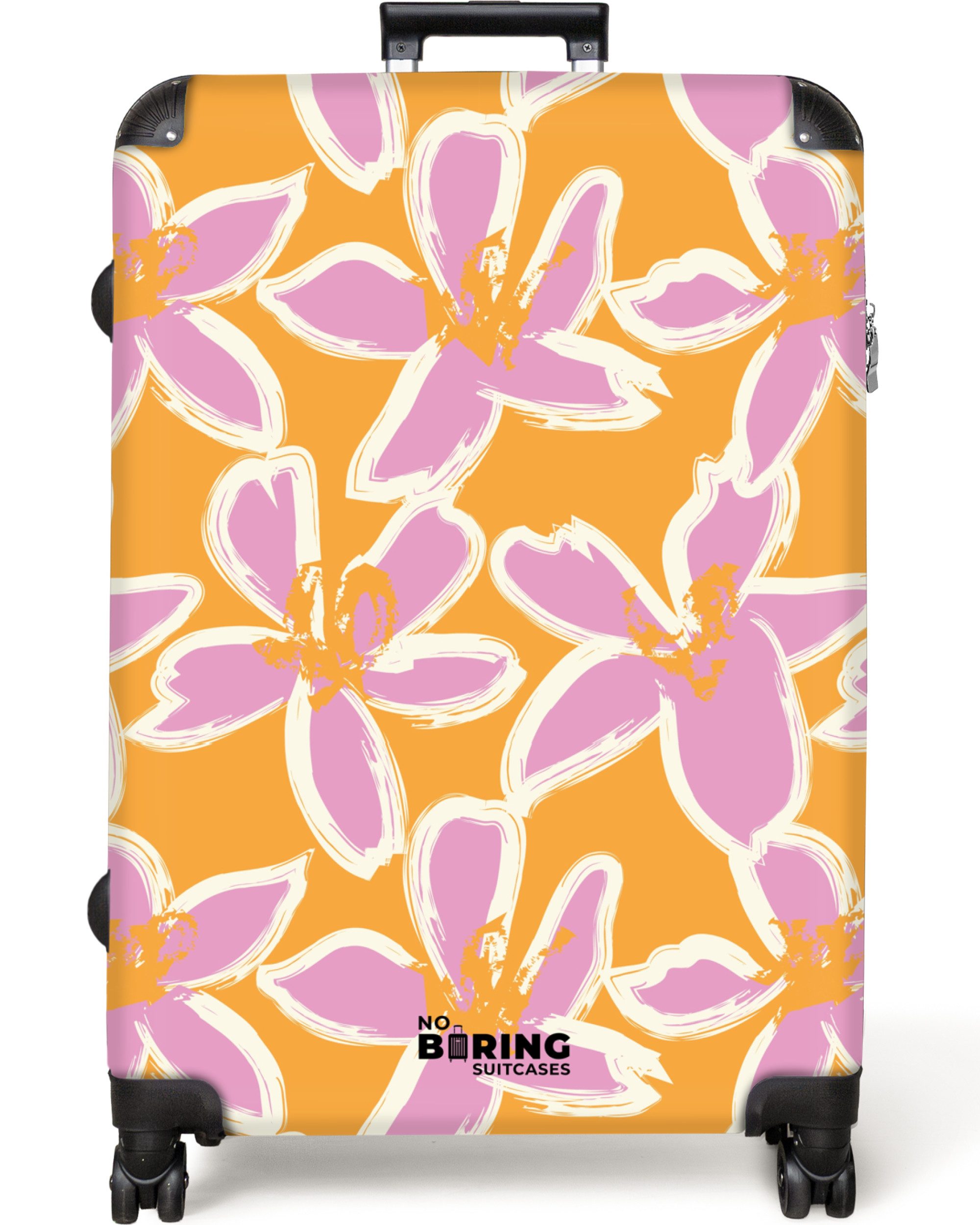 NoBoringSuitcases.com© Hartschalen-Trolley Orange mit rosa Blüten günstig online kaufen