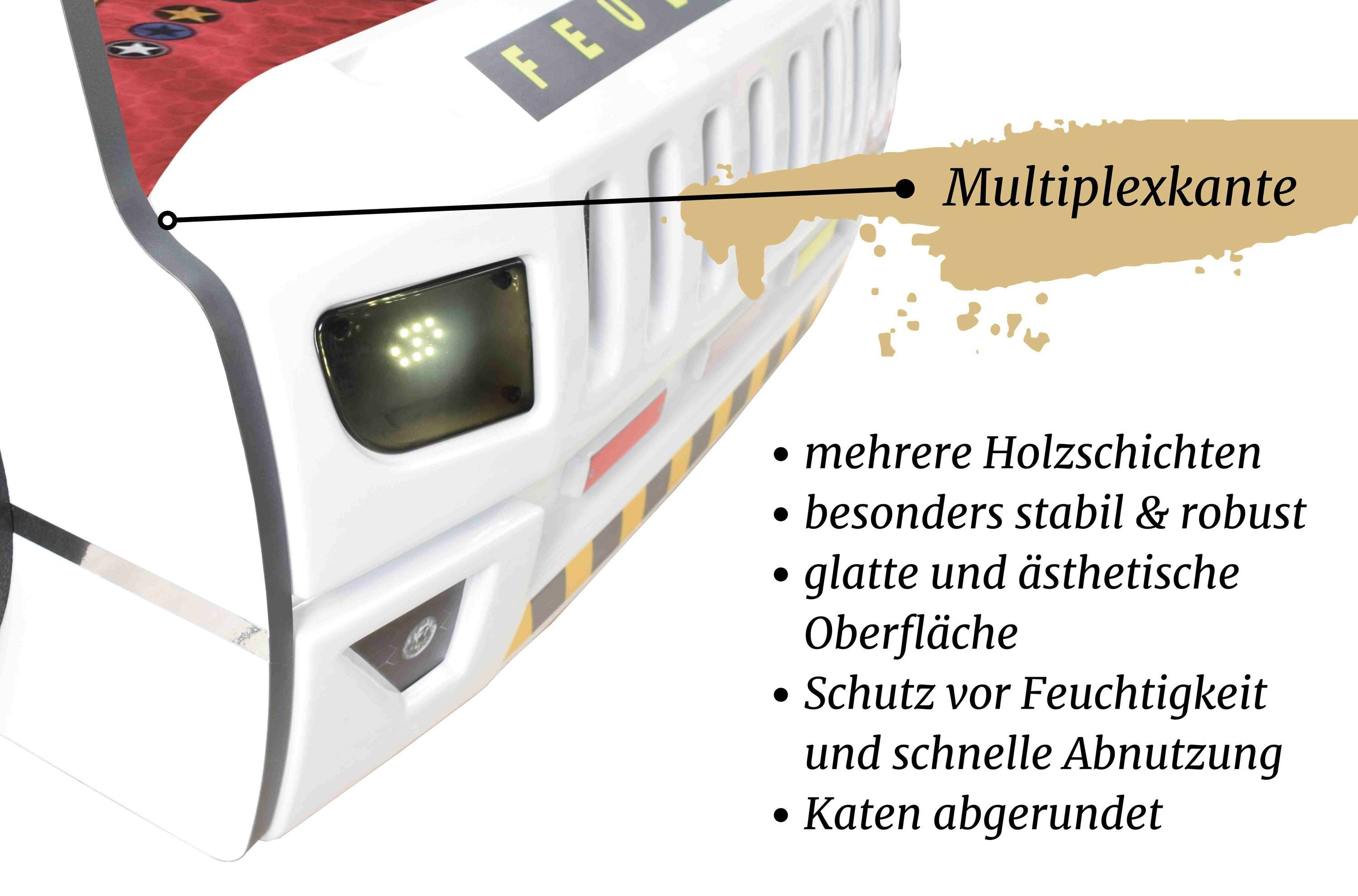Aileenstore Autobett Rio (inkl. LED Licht und Lattenrost), Feuerwehrbett, 90x200 cm, LED Licht, Hochglanz, Lattenrost – Bild 4 von 5