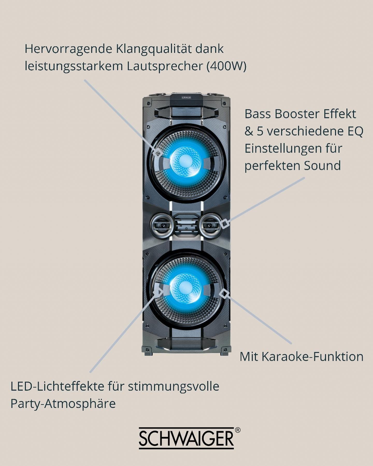 Party-Lautsprecher 200 Karaokefunktion, Schwaiger Lichteffekte) 658057 (Bluetooth, W, LED