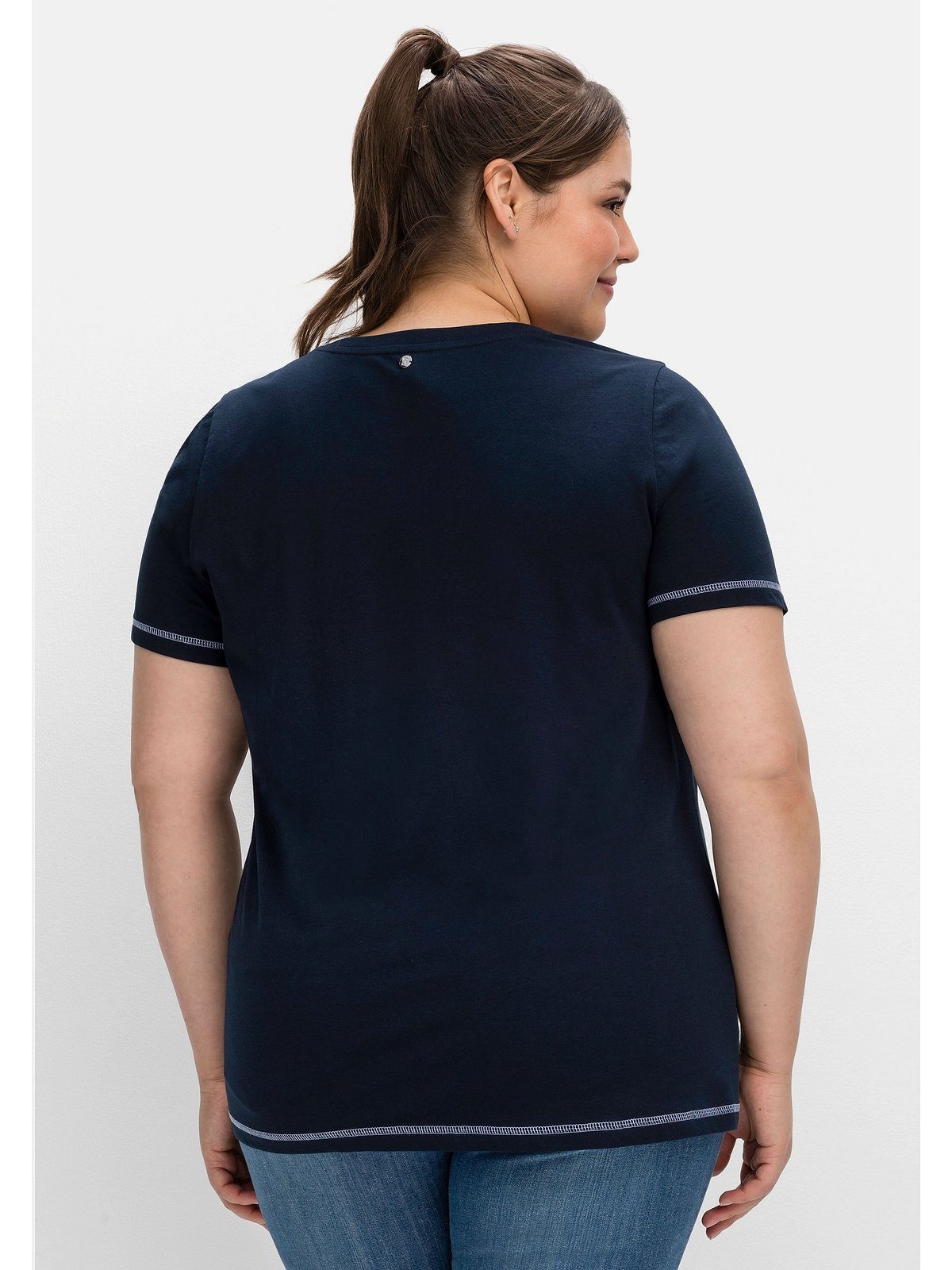 Größen bedruckt T-Shirt mit Sheego leicht Wordingprint, tailliert Große nachtblau