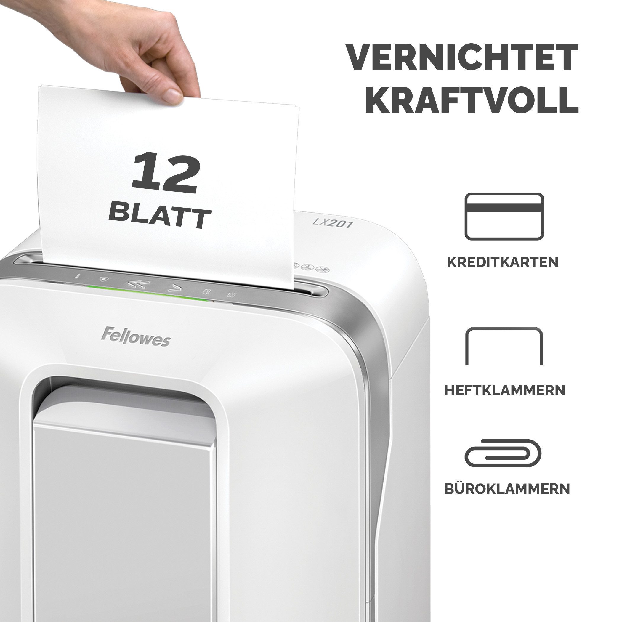 FELLOWES Aktenvernichter Fellowes Aktenvernichter LX201 Mikroschnitt 2x12mm P5 Weiß Rollen, SafeSense, IntelliBar, Schlaf Modus, Mikroschnitt P-5, 22L, Rollen