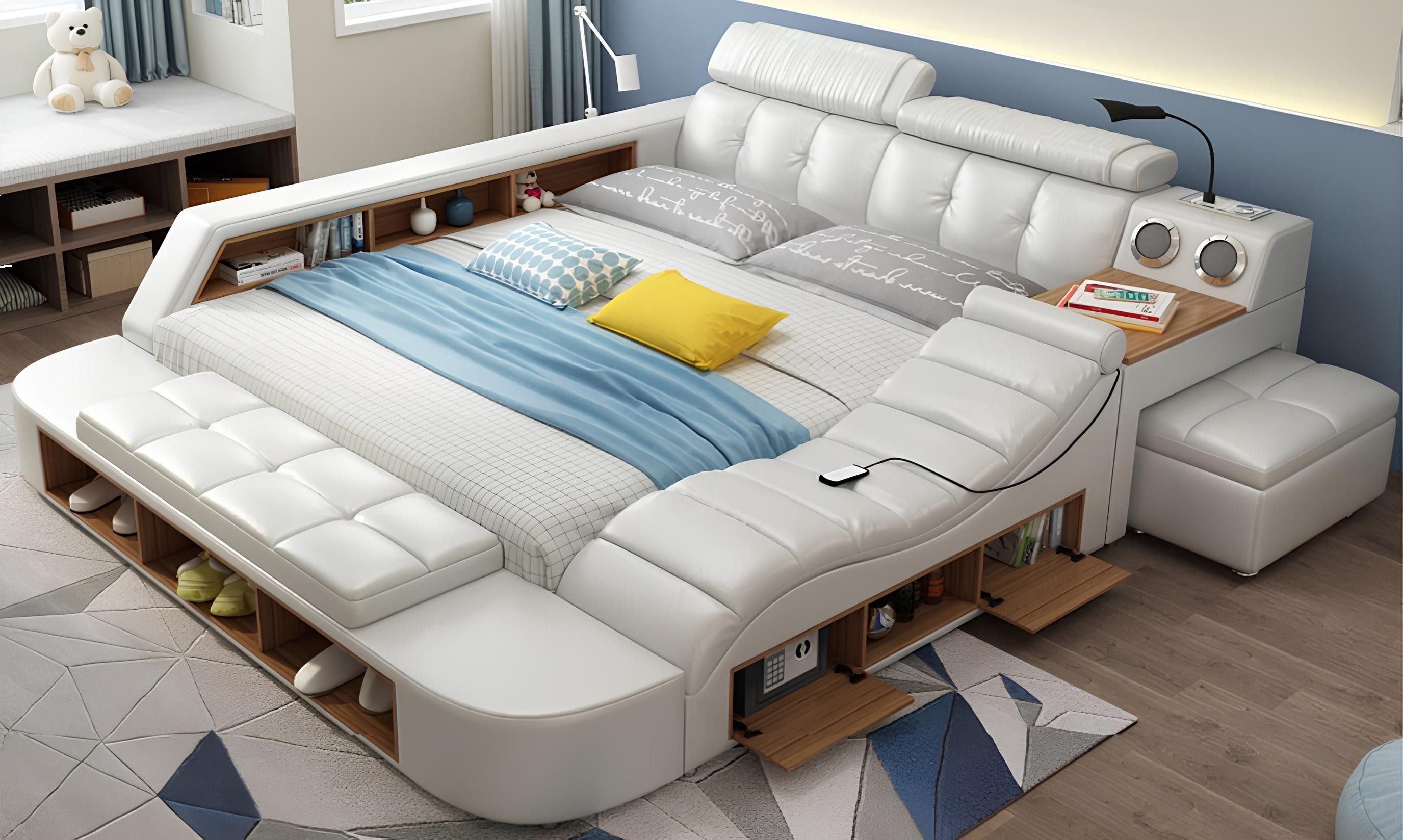 Xlmoebel Multimediabett Großes Design-Bett mit Lederausstattung und Polsterung für Hotels, mit (Multifunktions Bett), Hergestellt in Europa